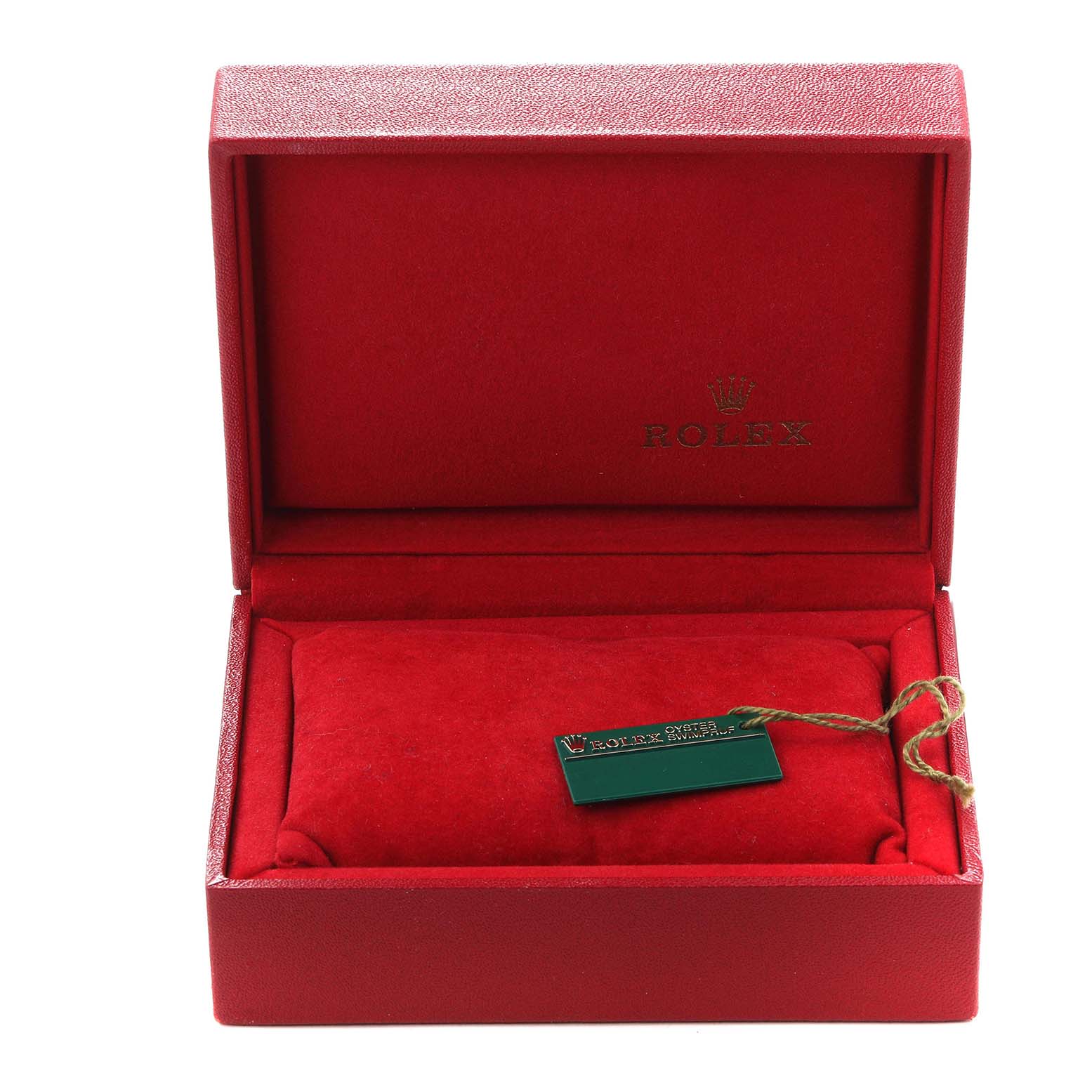 The image shows an open red Rolex box for an Oyster Perpetual model, highlighting the interior and a green Rolex tag.