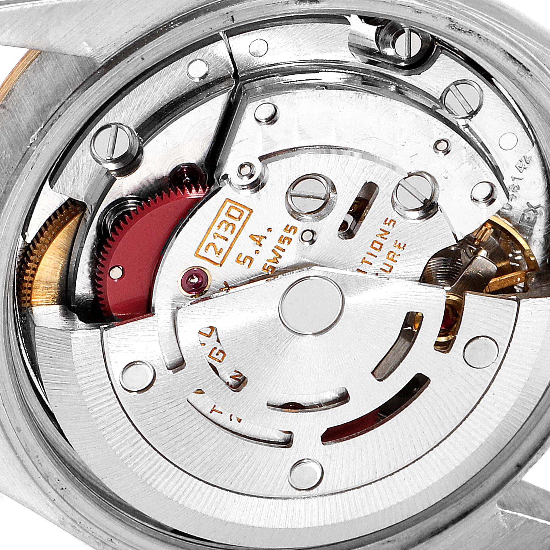 The image shows the inner mechanical movement of a Rolex Oyster Perpetual 67183 Women's Steel and Gold (two tone) Champagne Dial 67183 Women's Steel and Gold (two tone) Champagne Dial watch, focusing on the rotor and gears.