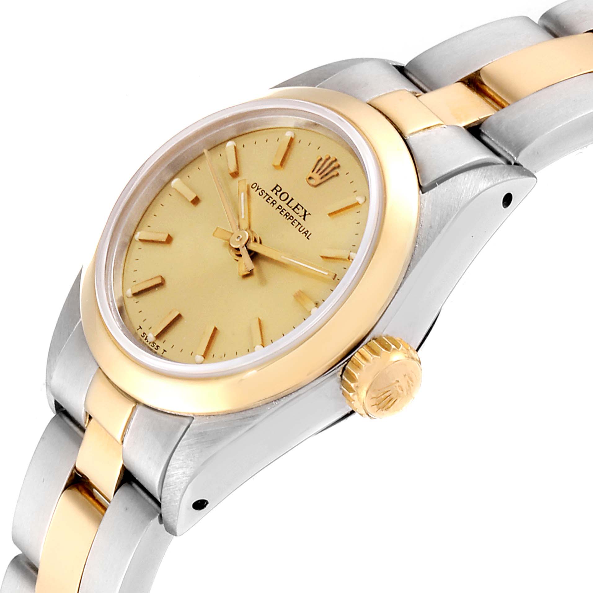 The image shows a Rolex Oyster Perpetual 67183 Women's Steel and Gold (two tone) Champagne Dial 67183 Women's Steel and Gold (two tone) Champagne Dial watch at a side angle, highlighting its crown, bezel, and part of its two-tone bracelet.