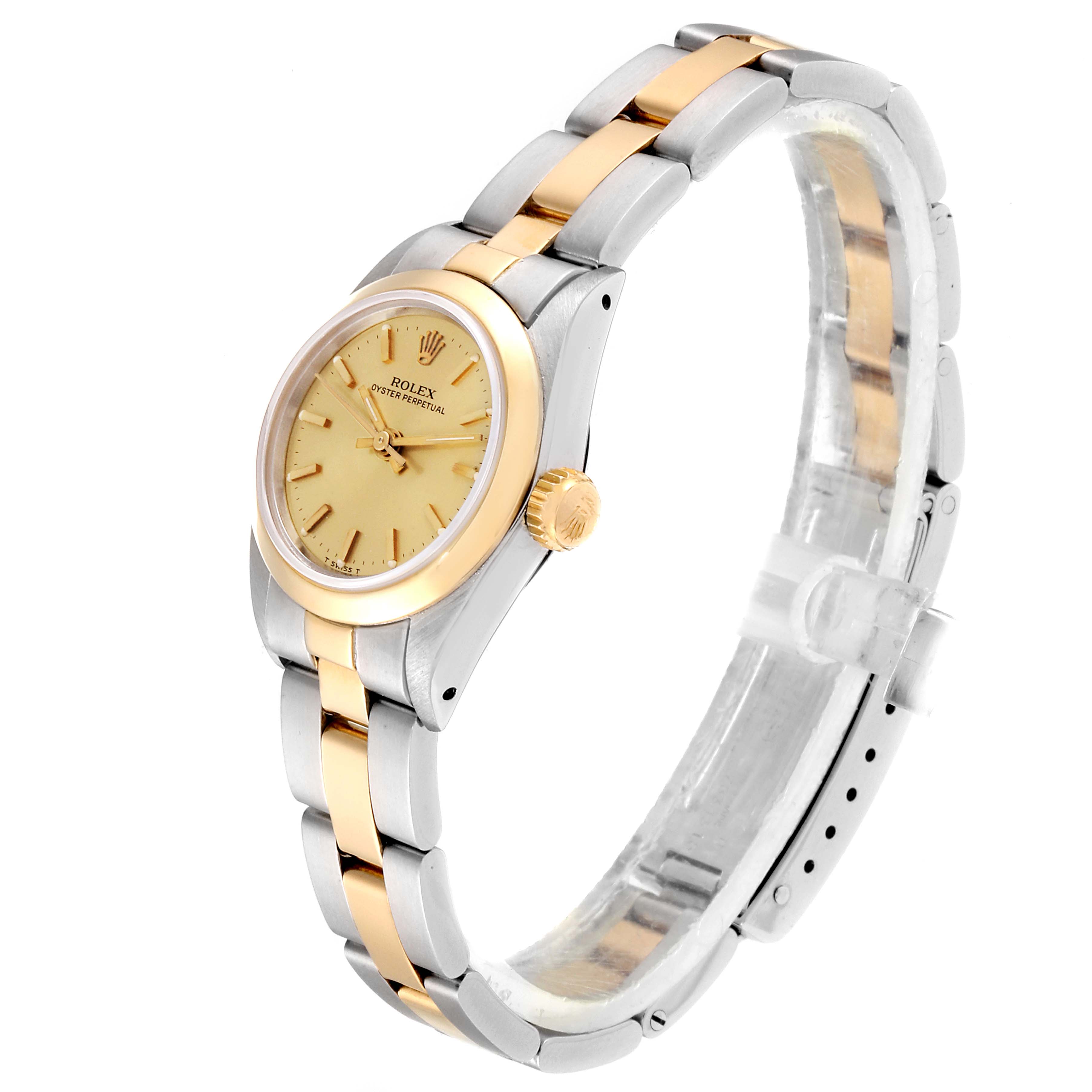 The image shows a Rolex Oyster Perpetual 67183 Women's Steel and Gold (two tone) Champagne Dial 67183 Women's Steel and Gold (two tone) Champagne Dial watch at a slight angle, displaying the dial, bracelet, and crown.