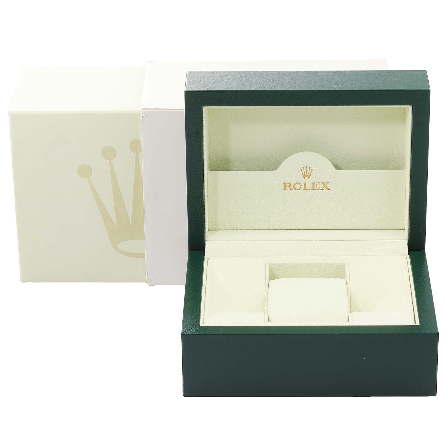 This image shows the open presentation box for a Rolex Oyster Perpetual 116000 Men's Stainless Steel Grey Dial 116000 Men's Stainless Steel Grey Dial watch, revealing the inner cushion and brand logo.