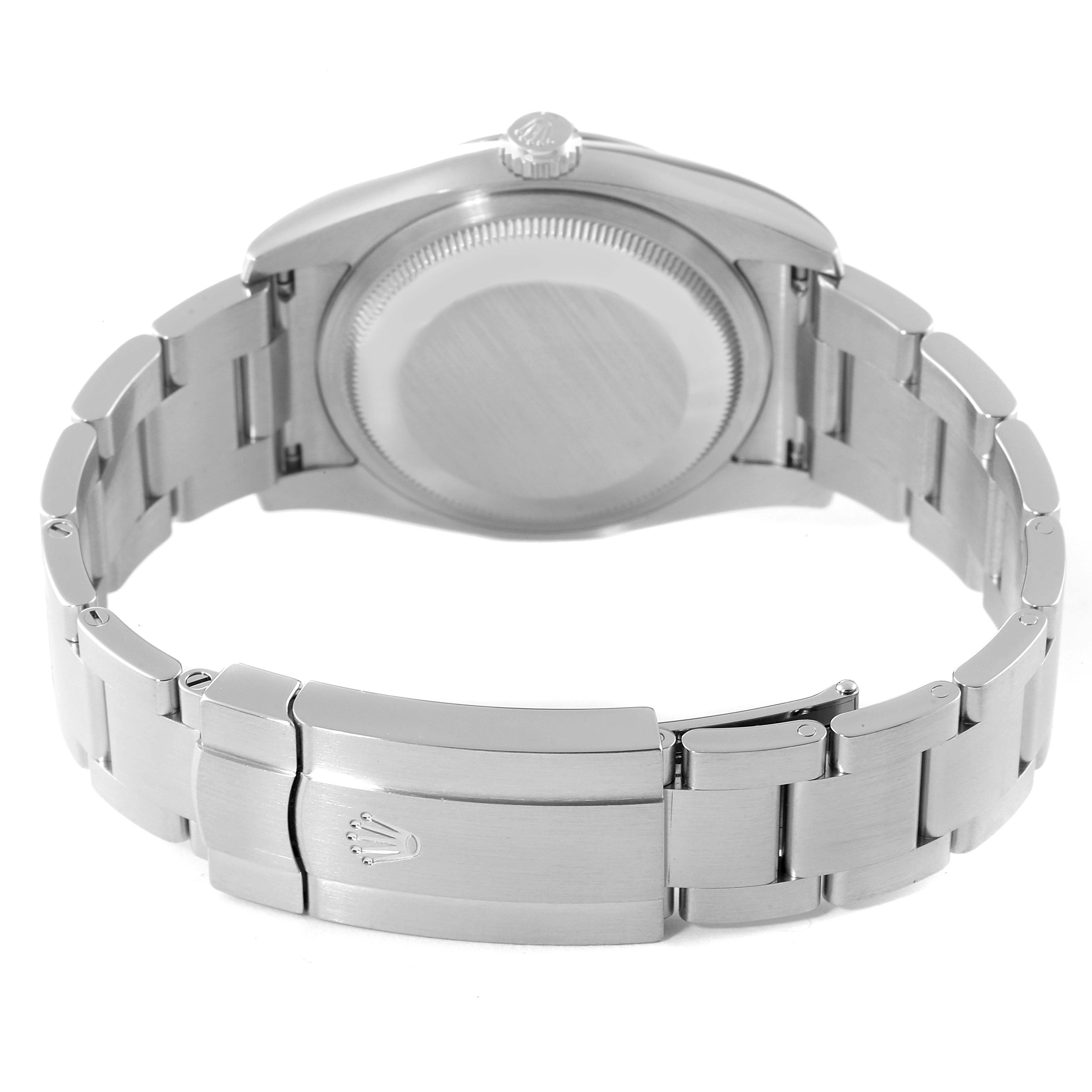 The image shows the back of the Rolex Oyster Perpetual 116000 Men's Stainless Steel Grey Dial 116000 Men's Stainless Steel Grey Dial watch, focusing on the case back, bracelet, and clasp.