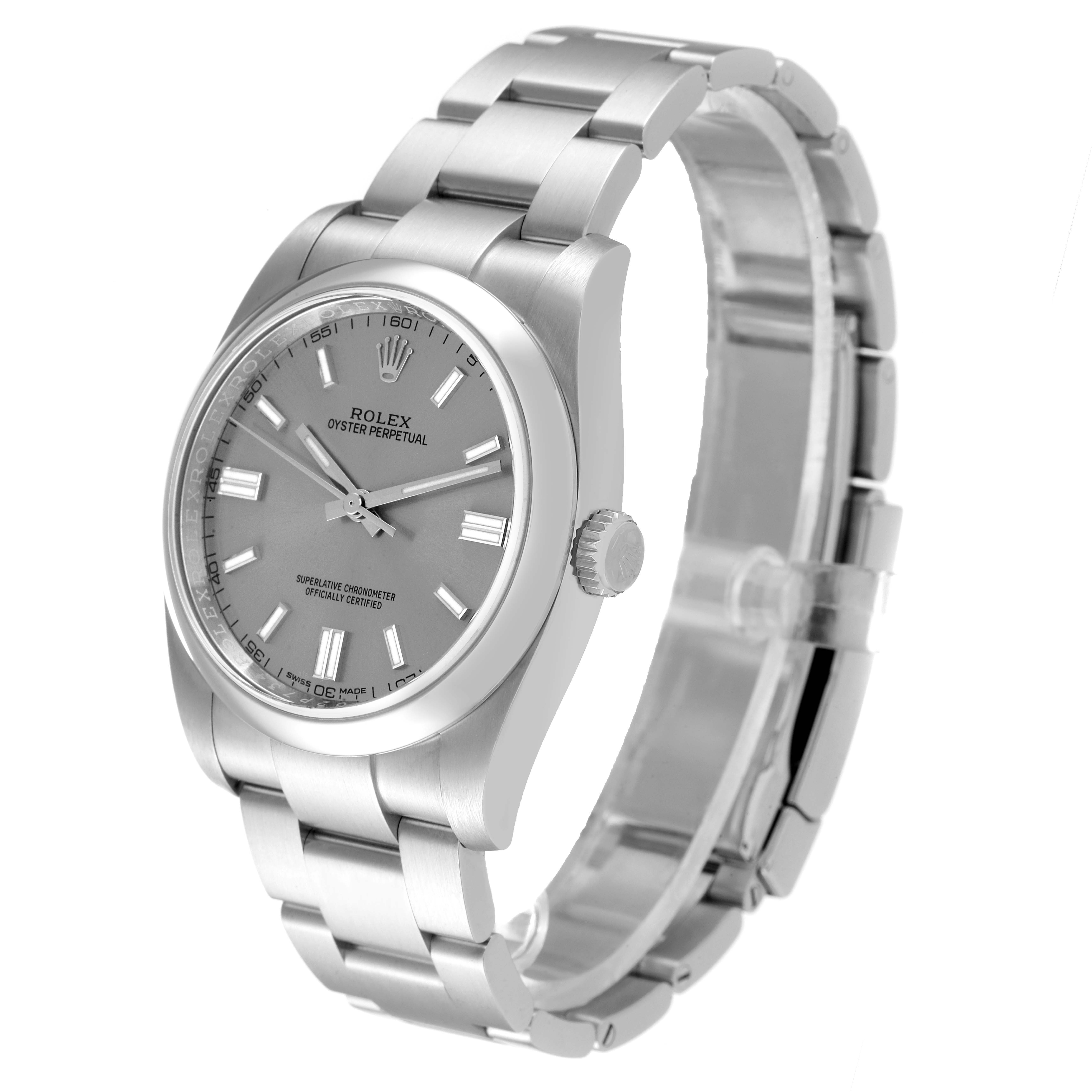 The image shows a side angle of a Rolex Oyster Perpetual 116000 Men's Stainless Steel Grey Dial 116000 Men's Stainless Steel Grey Dial watch highlighting the dial, bezel, crown, and bracelet.