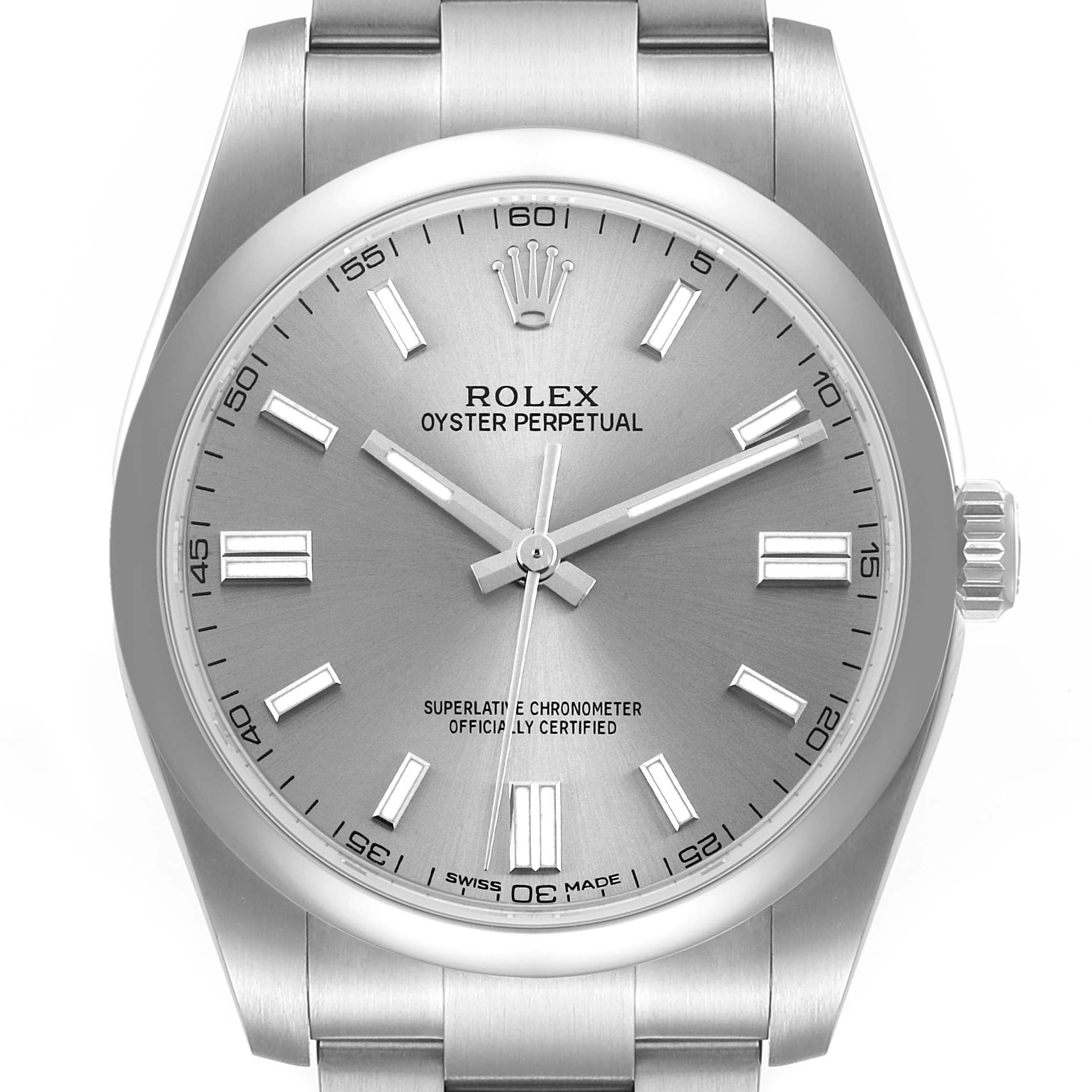 This image shows a Rolex Oyster Perpetual 116000 Men's Stainless Steel Grey Dial 116000 Men's Stainless Steel Grey Dial watch, with a focus on the dial, hour markers, hands, and part of the bracelet.