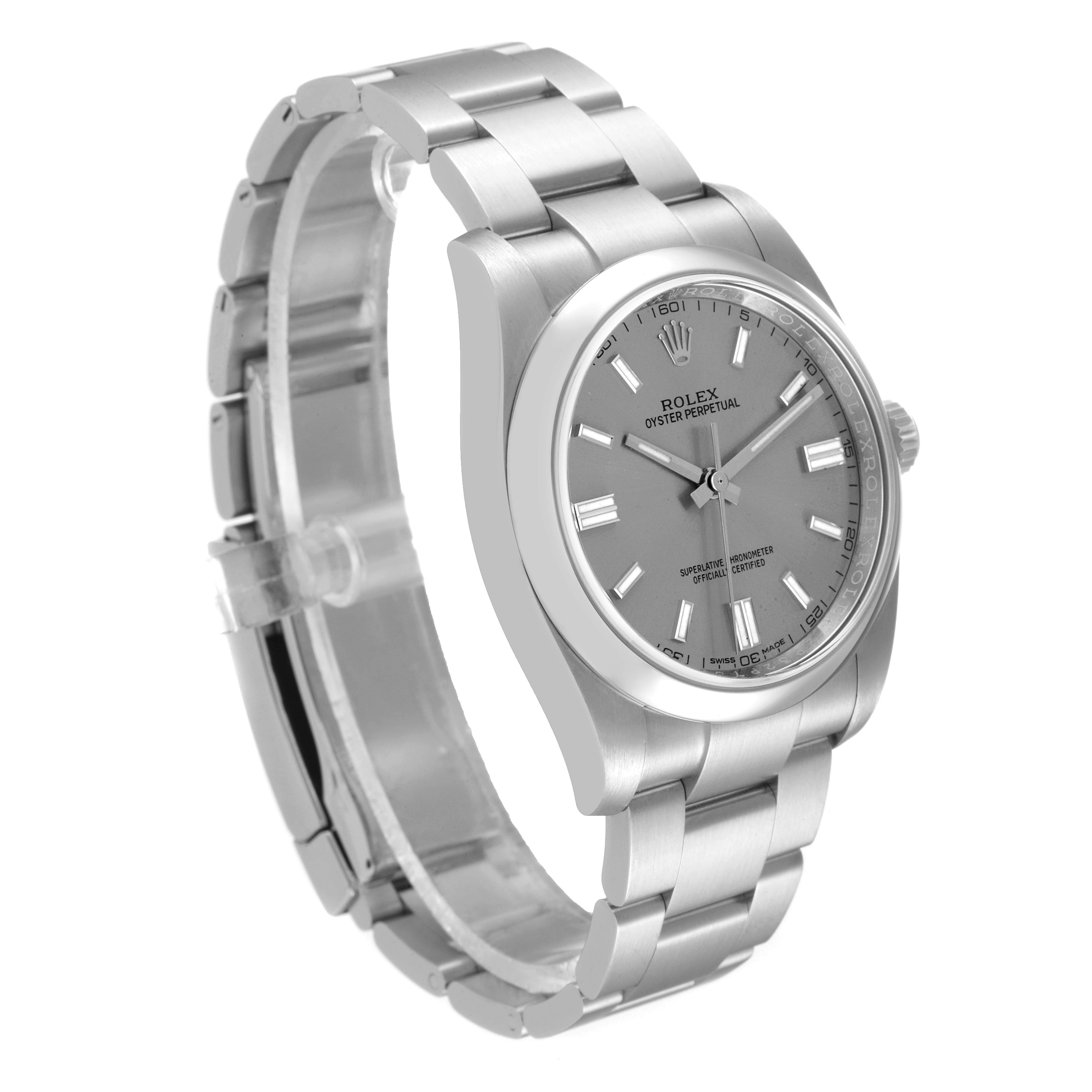 The Rolex Oyster Perpetual 116000 Men's Stainless Steel Grey Dial 116000 Men's Stainless Steel Grey Dial watch is shown at a slight angle, highlighting the watch face, bezel, and bracelet.