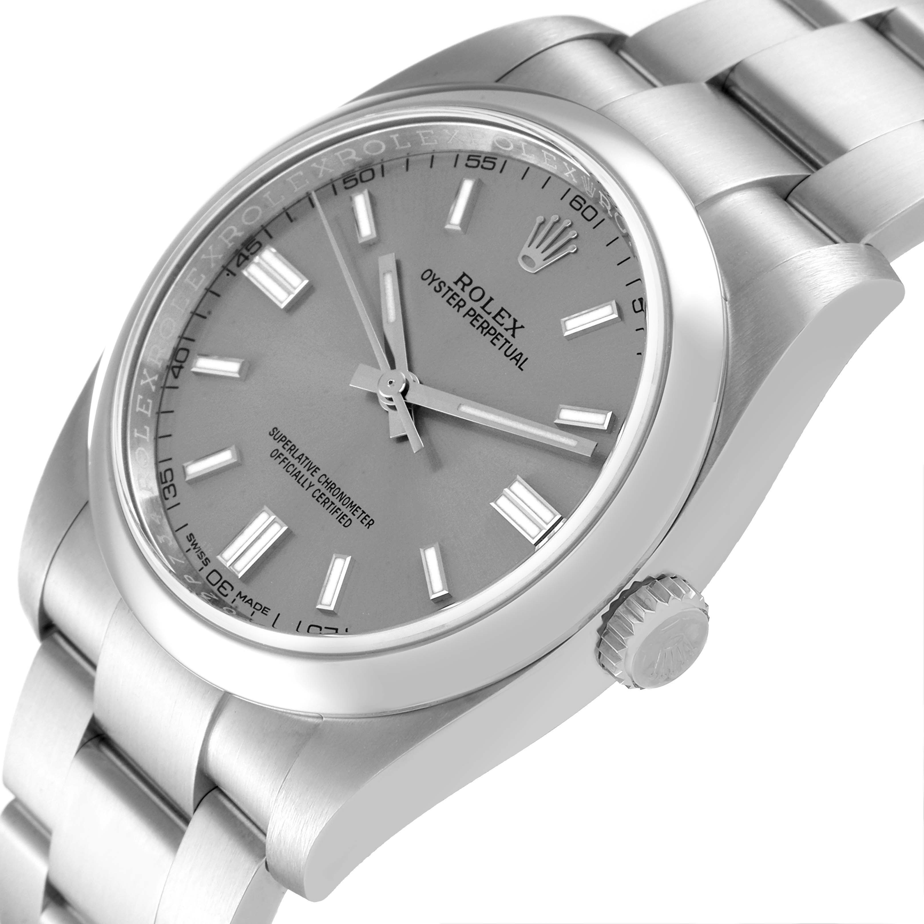 This image shows a close-up angled view of the dial, bezel, crown, and bracelet of the Rolex Oyster Perpetual 116000 Men's Stainless Steel Grey Dial 116000 Men's Stainless Steel Grey Dial watch.