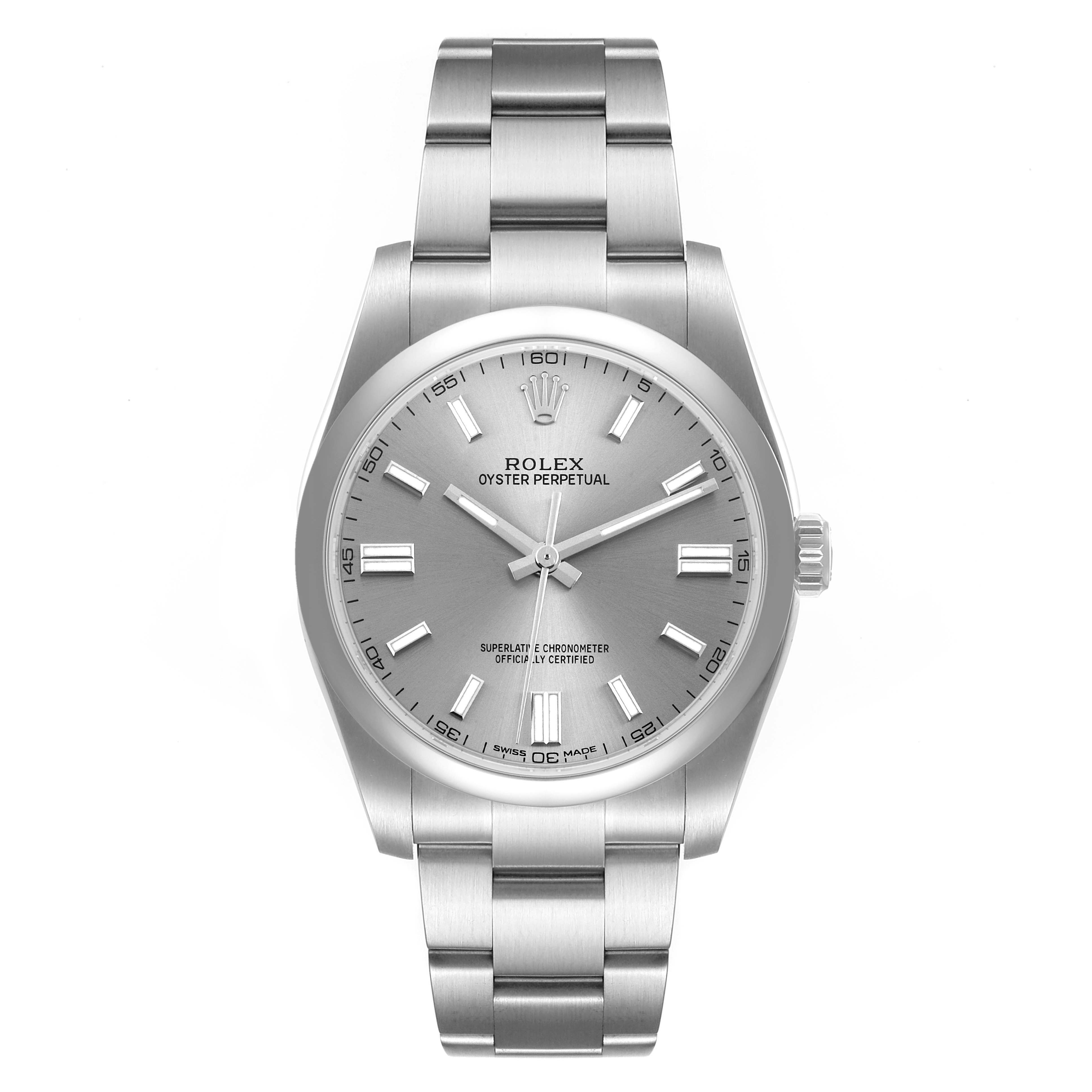 The image shows a front view of a Rolex Oyster Perpetual 116000 Men's Stainless Steel Grey Dial 116000 Men's Stainless Steel Grey Dial watch, highlighting its dial, bracelet, and crown.