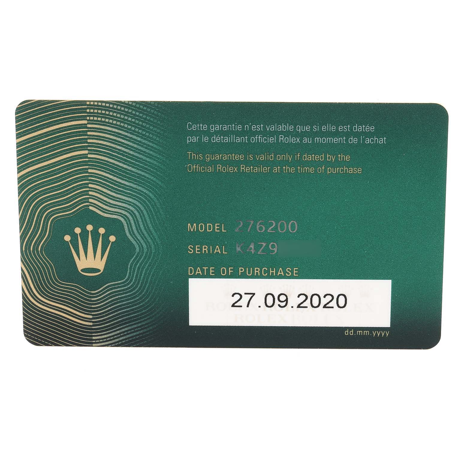 The image shows the guarantee card for the Rolex Oyster Perpetual 276200 Women
s Stainless Steel Pink Dial 276200 Women
s Stainless Steel Pink Dial model, displaying the model number, serial number, and purchase date.