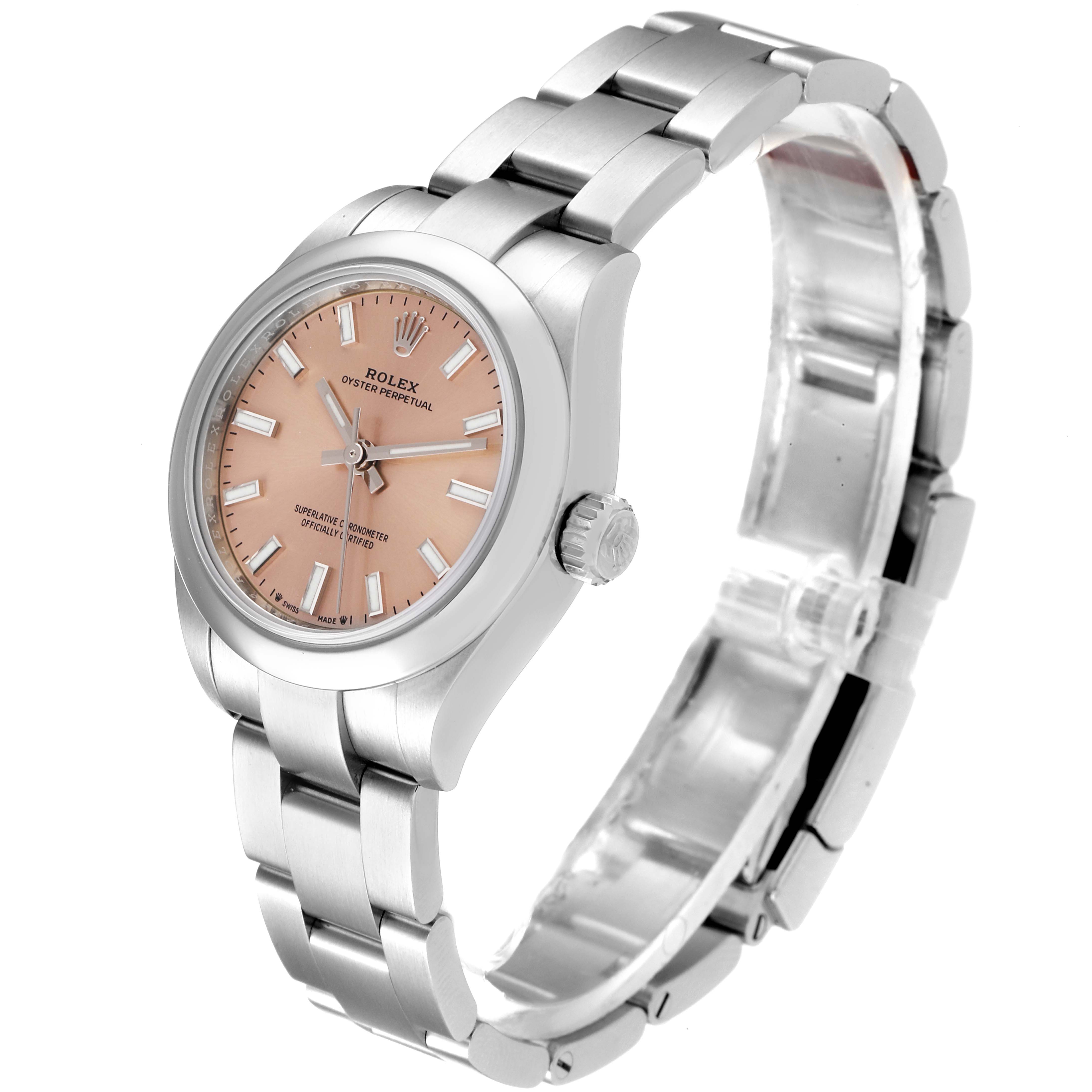 This Rolex Oyster Perpetual 276200 Women
s Stainless Steel Pink Dial 276200 Women
s Stainless Steel Pink Dial watch is shown from an angled side view, displaying its dial, case, crown, and bracelet.