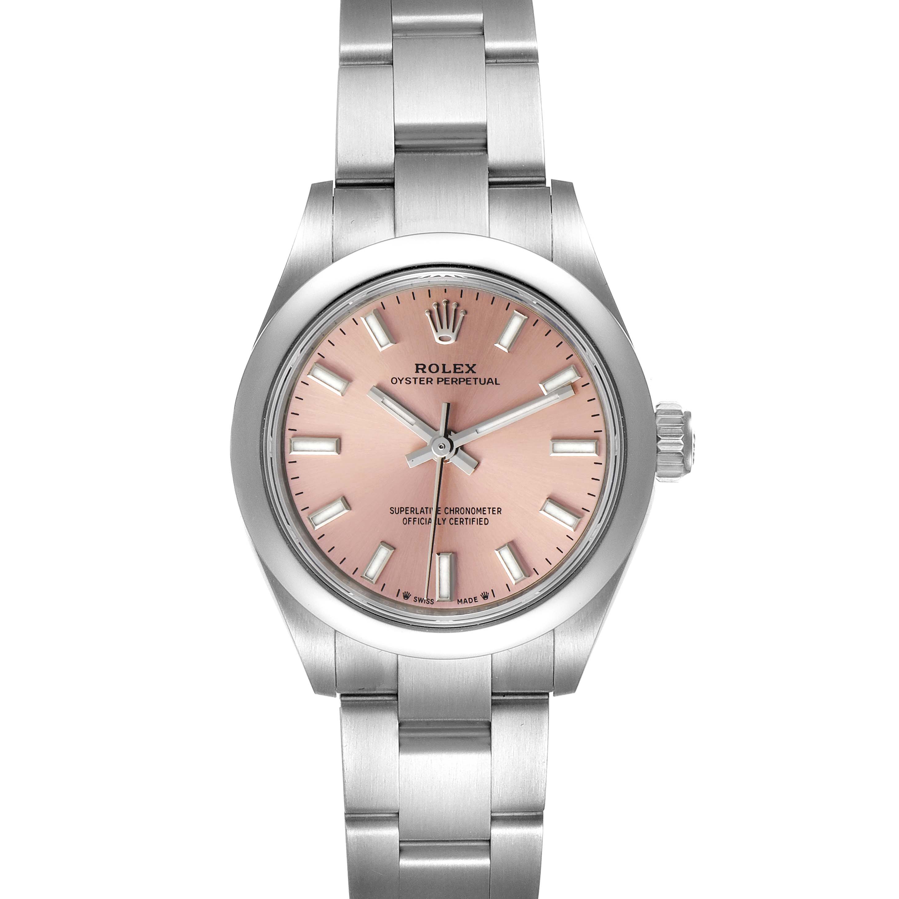 This image shows a Rolex Oyster Perpetual 276200 Women
s Stainless Steel Pink Dial 276200 Women
s Stainless Steel Pink Dial watch taken from a front angle, displaying the dial, hands, crown, and bracelet.