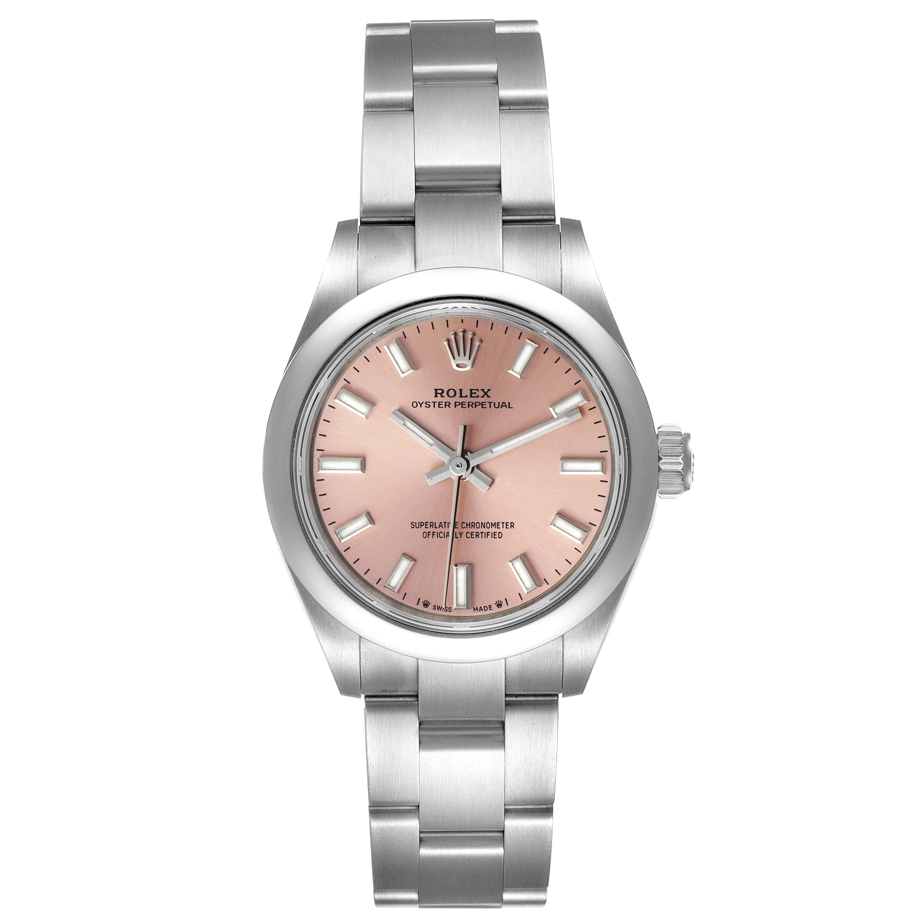 The image shows a front view of a Rolex Oyster Perpetual 276200 Women
s Stainless Steel Pink Dial 276200 Women
s Stainless Steel Pink Dial watch with a pink dial and silver bracelet.