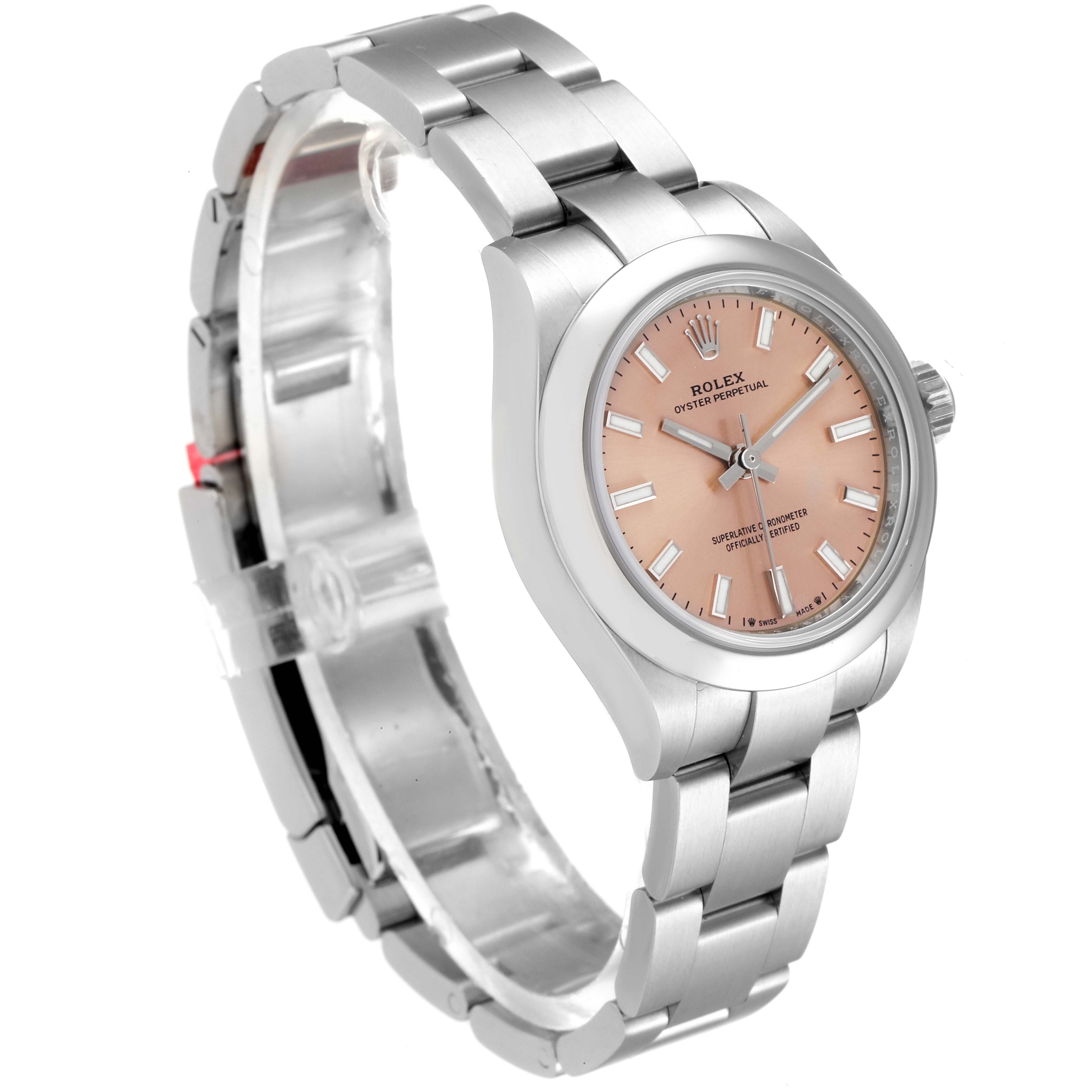 The image shows a Rolex Oyster Perpetual 276200 Women
s Stainless Steel Pink Dial 276200 Women
s Stainless Steel Pink Dial watch, angled to display the face, bezel, and part of the bracelet.