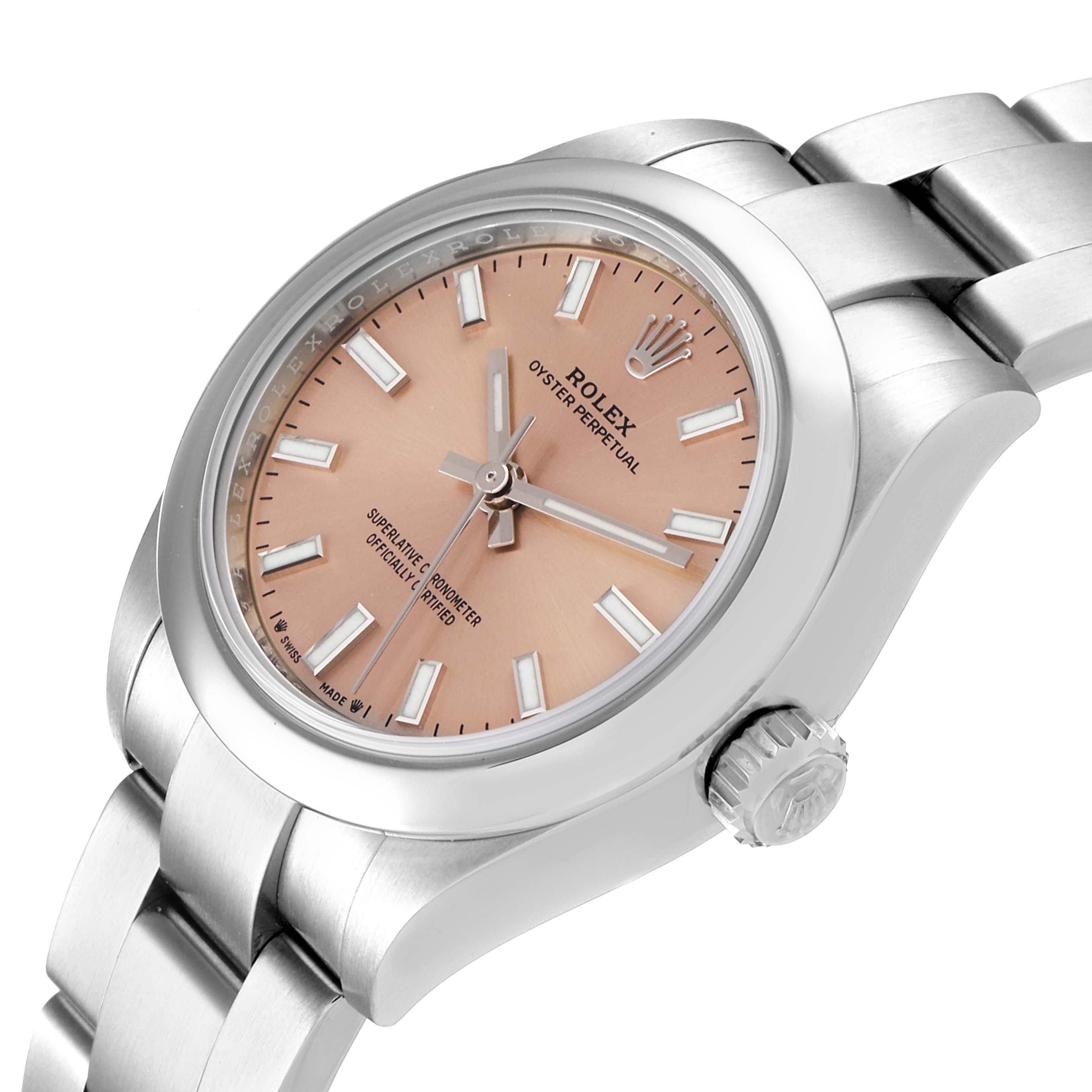 The image shows a Rolex Oyster Perpetual 276200 Women
s Stainless Steel Pink Dial 276200 Women
s Stainless Steel Pink Dial watch from an angled view highlighting the face, crown, and bracelet.