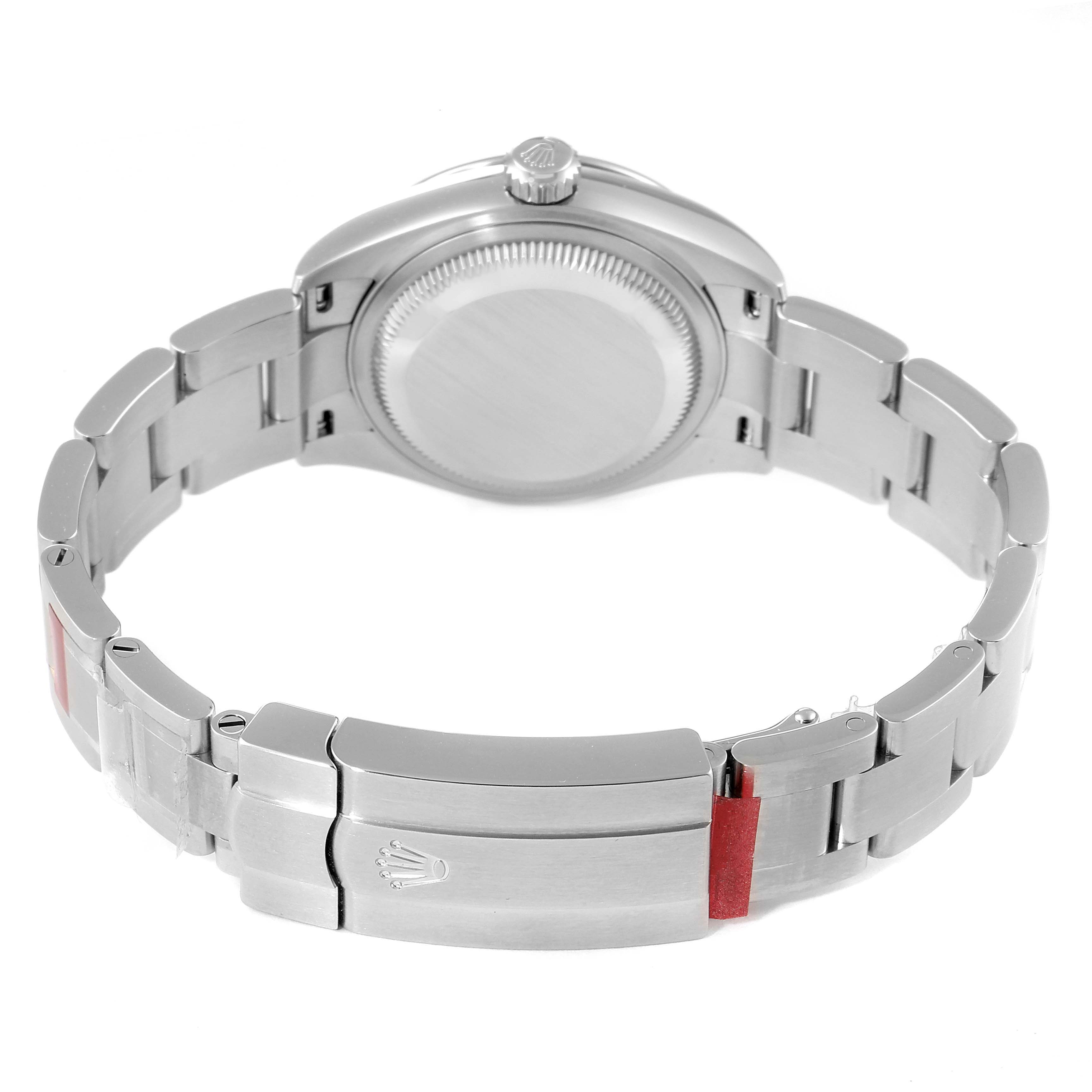 The image shows the back view of a Rolex Oyster Perpetual 276200 Women
s Stainless Steel Pink Dial 276200 Women
s Stainless Steel Pink Dial watch, highlighting the bracelet and case back.