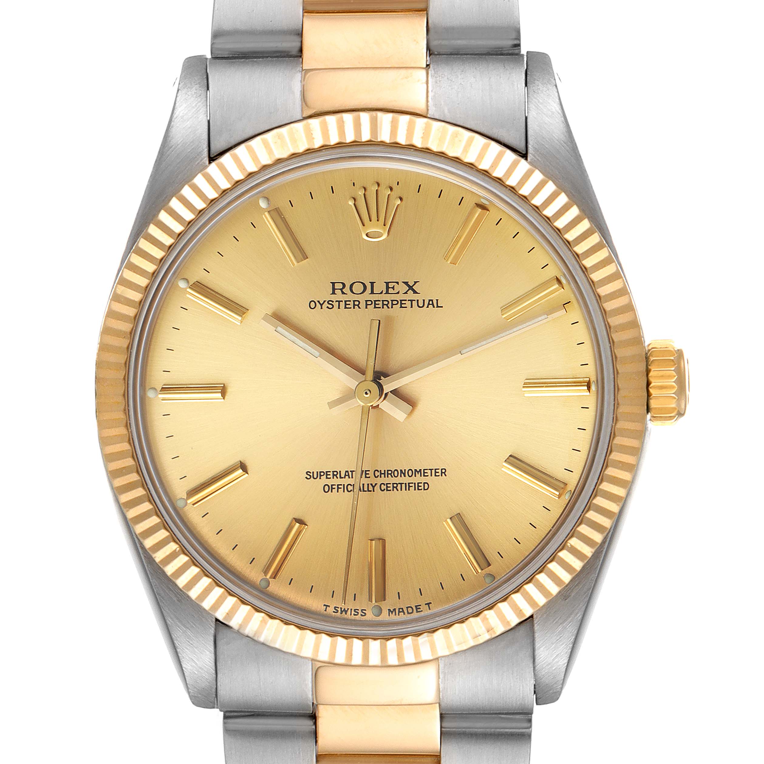 The Rolex Oyster Perpetual 1005 Men's Steel and Gold (two tone) Champagne Dial 1005 Men's Steel and Gold (two tone) Champagne Dial watch is shown from the front, displaying its face, crown, bezel, and part of its two-tone bracelet.