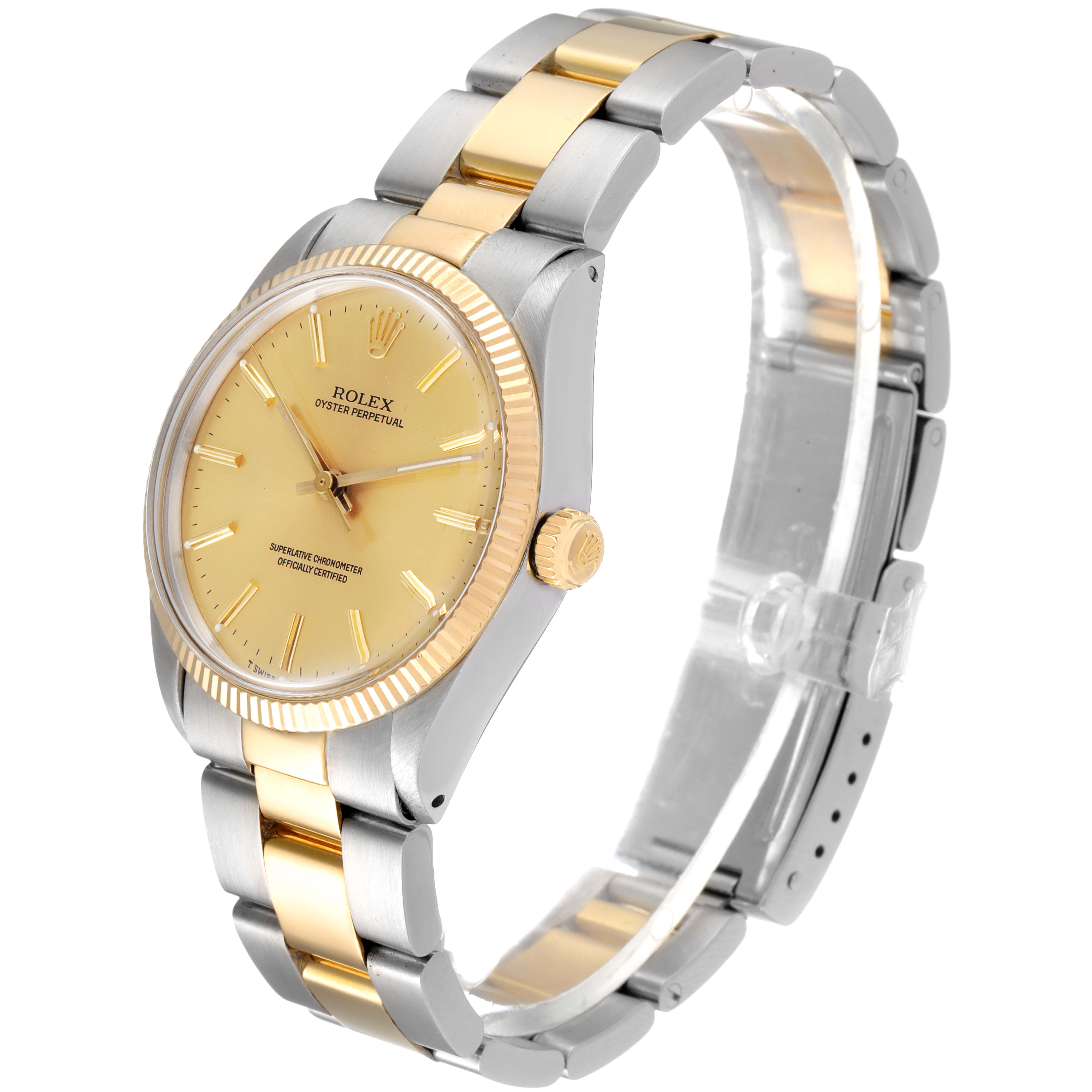 This image shows a side angle of the Rolex Oyster Perpetual 1005 Men's Steel and Gold (two tone) Champagne Dial 1005 Men's Steel and Gold (two tone) Champagne Dial watch, highlighting its gold-toned watch face, bezel, and two-tone metal bracelet.