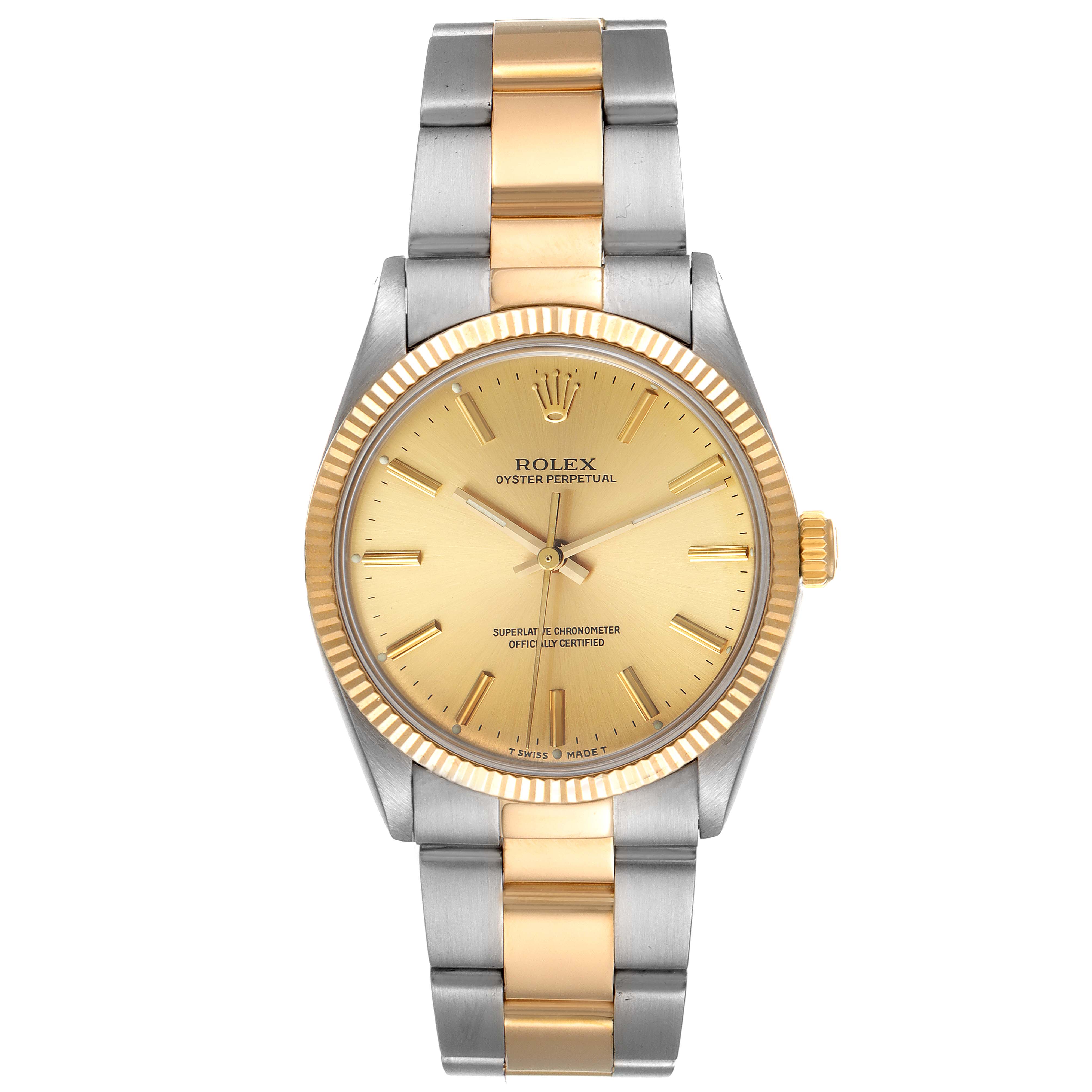 This image shows a front view of the Rolex Oyster Perpetual 1005 Men's Steel and Gold (two tone) Champagne Dial 1005 Men's Steel and Gold (two tone) Champagne Dial watch, featuring a two-tone stainless steel and gold bracelet.