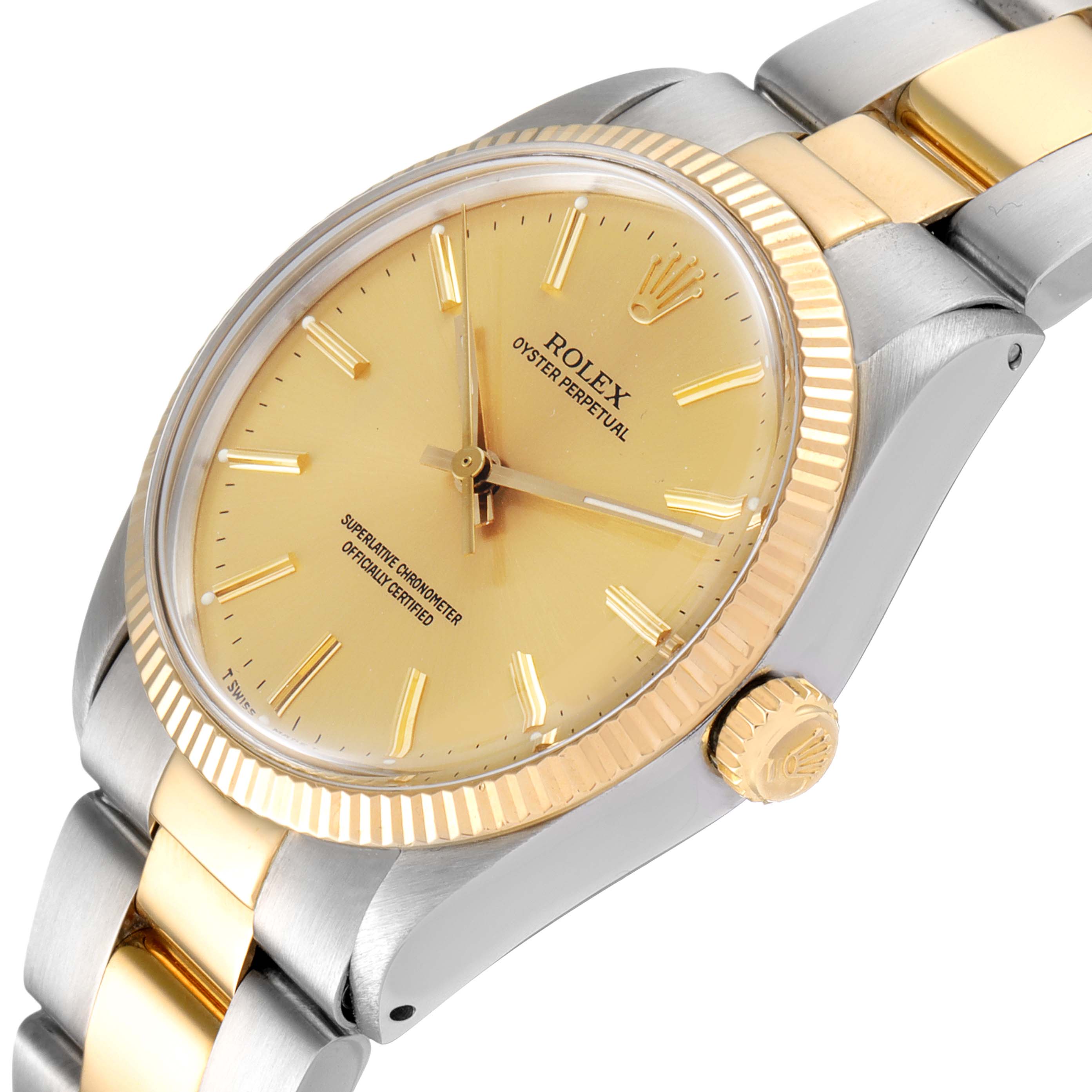 The Rolex Oyster Perpetual 1005 Men's Steel and Gold (two tone) Champagne Dial 1005 Men's Steel and Gold (two tone) Champagne Dial watch is shown at a tilted angle, highlighting its gold dial, fluted bezel, and two-tone bracelet.