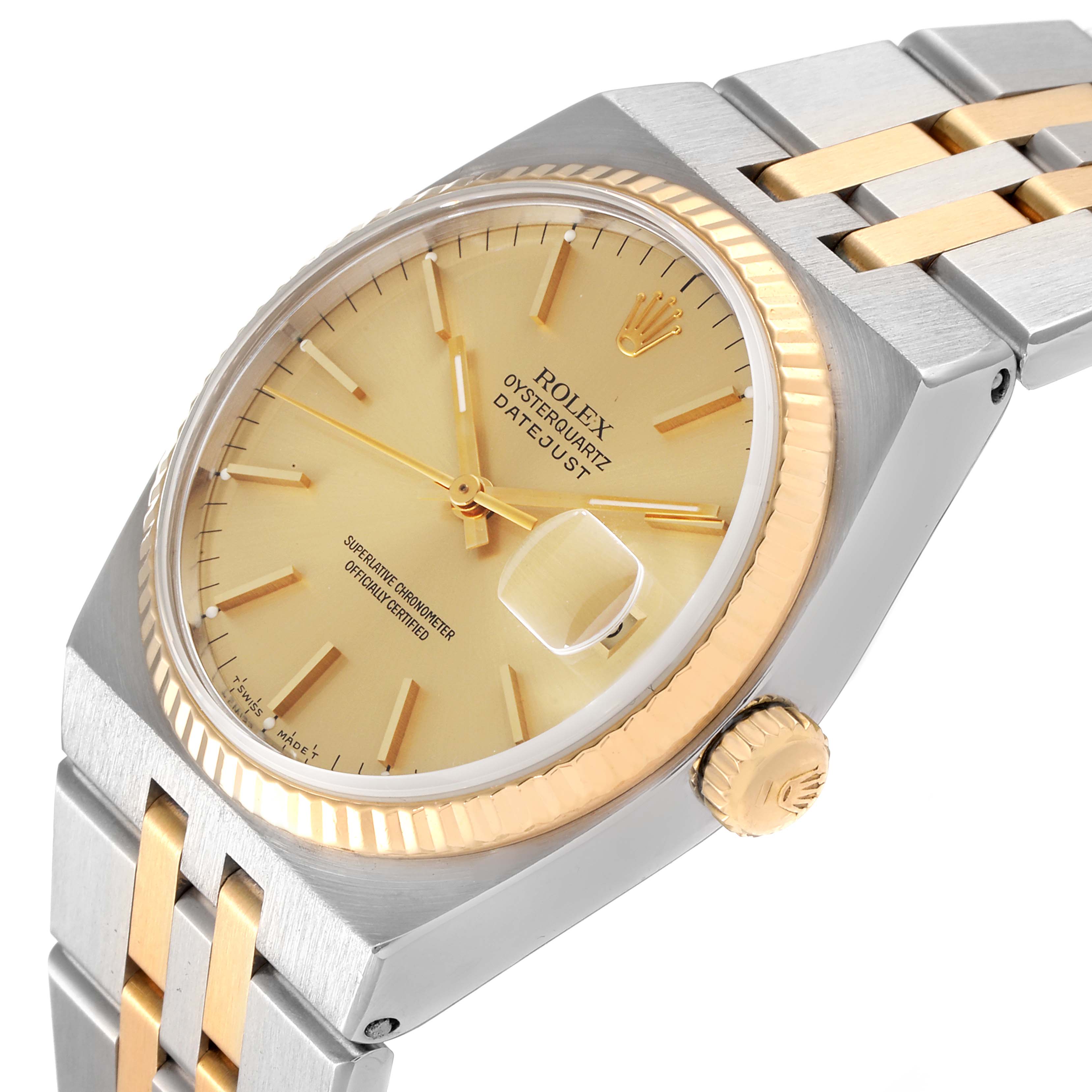 The Rolex Oysterquartz 17013 Men's Steel and Gold (two tone) Champagne Dial 17013 Men's Steel and Gold (two tone) Champagne Dial watch is shown from a slight angle, highlighting the dial, crown, bezel, and bracelet.