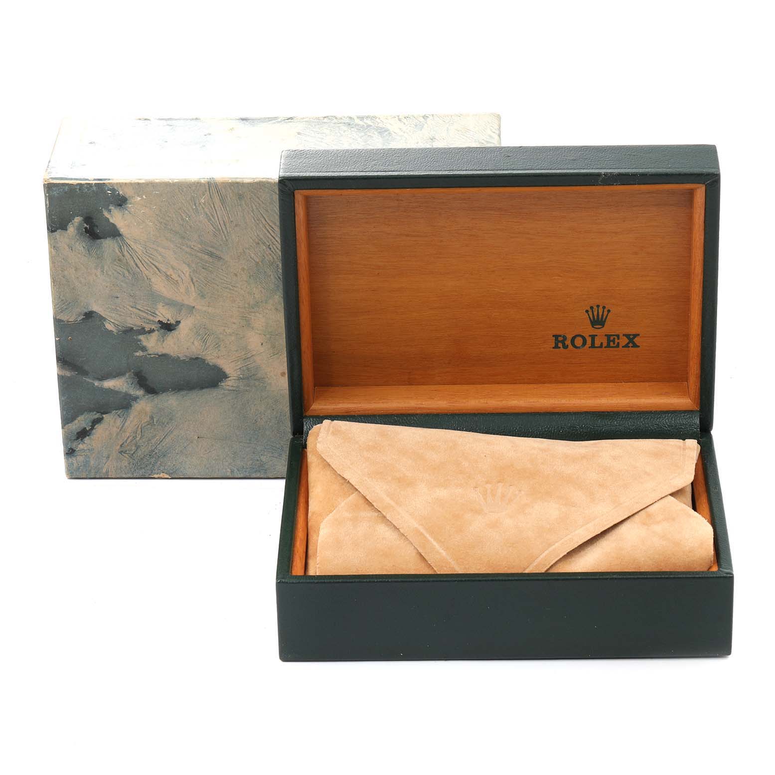 This image shows the box and case for a Rolex Oysterquartz 17013 Men's Steel and Gold (two tone) Champagne Dial 17013 Men's Steel and Gold (two tone) Champagne Dial watch, with the box lid open.