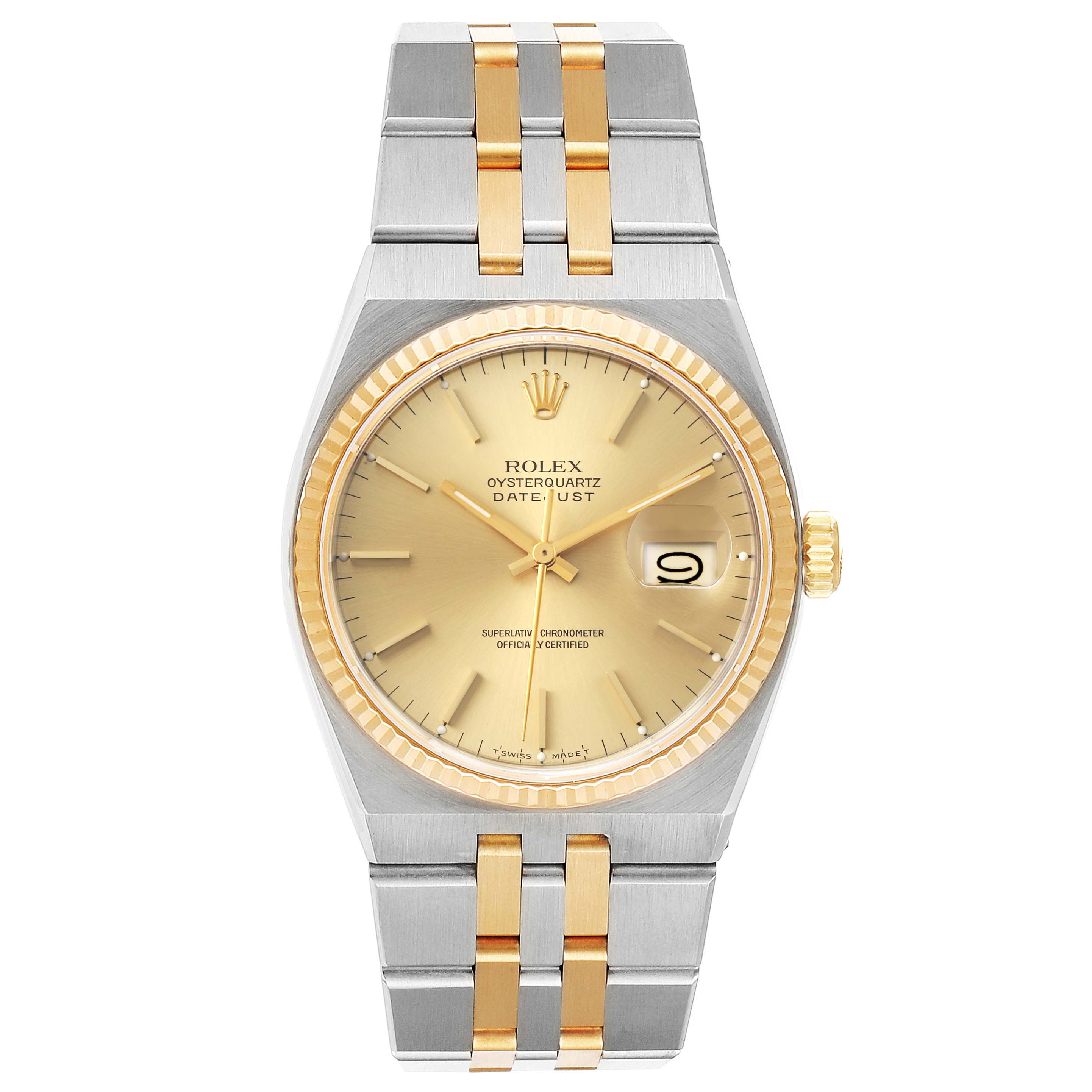 The Rolex Oysterquartz 17013 Men's Steel and Gold (two tone) Champagne Dial 17013 Men's Steel and Gold (two tone) Champagne Dial watch is shown from a front angle, featuring a gold dial, date display, and two-tone metal bracelet.