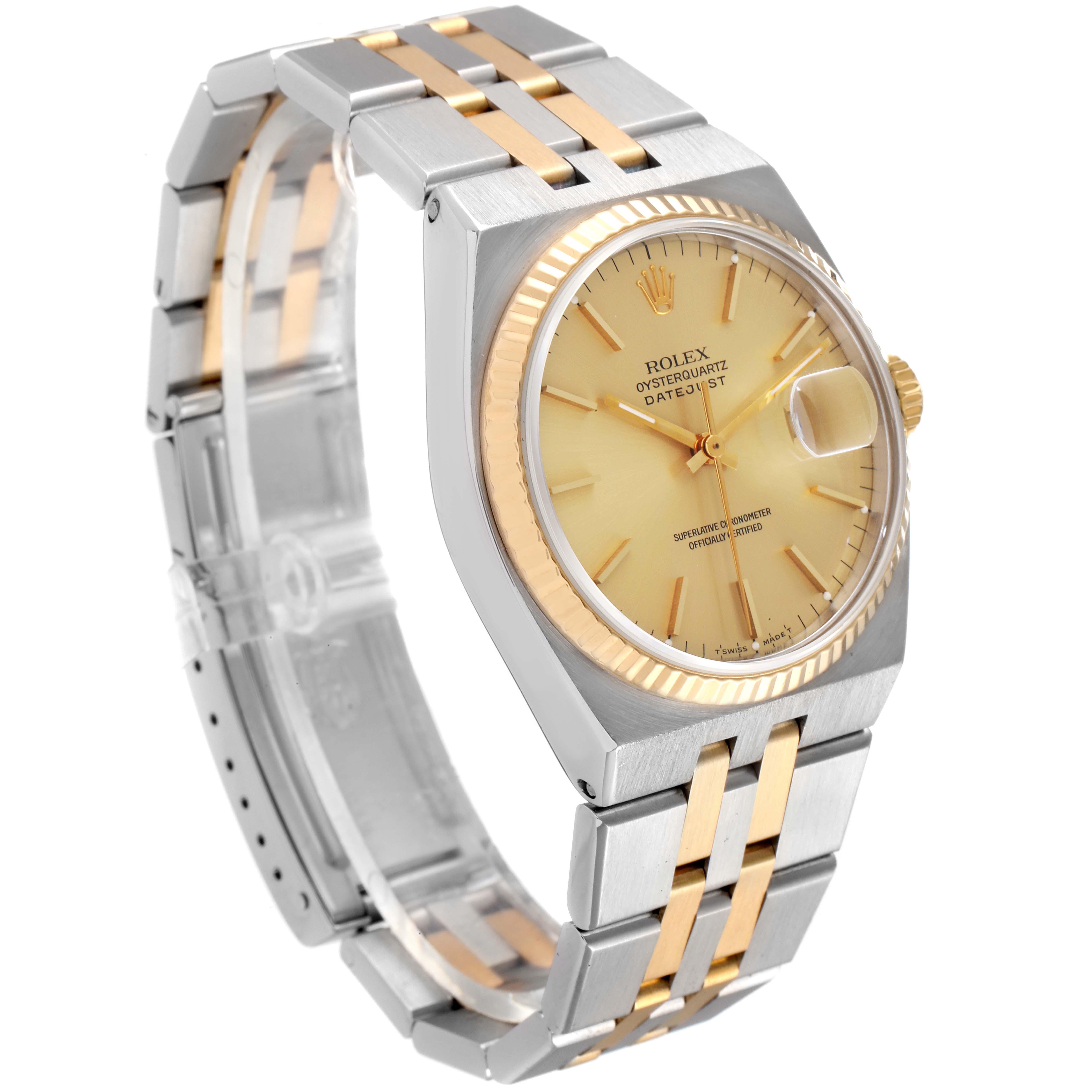 The image shows a Rolex Oysterquartz 17013 Men's Steel and Gold (two tone) Champagne Dial 17013 Men's Steel and Gold (two tone) Champagne Dial watch from an angled side view, highlighting its dial, bezel, and two-tone bracelet.