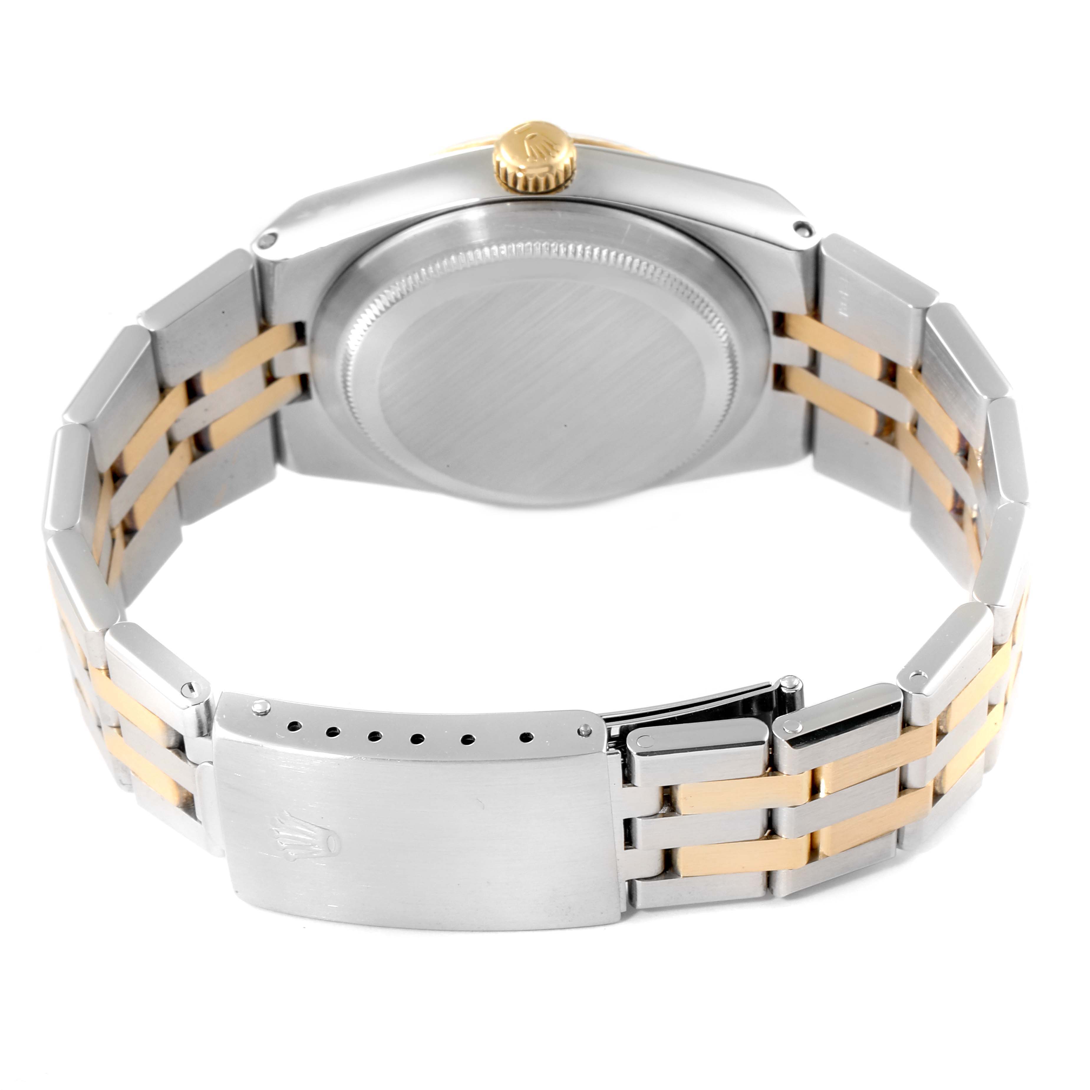The image shows the back view of a Rolex Oysterquartz 17013 Men's Steel and Gold (two tone) Champagne Dial 17013 Men's Steel and Gold (two tone) Champagne Dial watch, highlighting the bracelet, clasp, and case back.