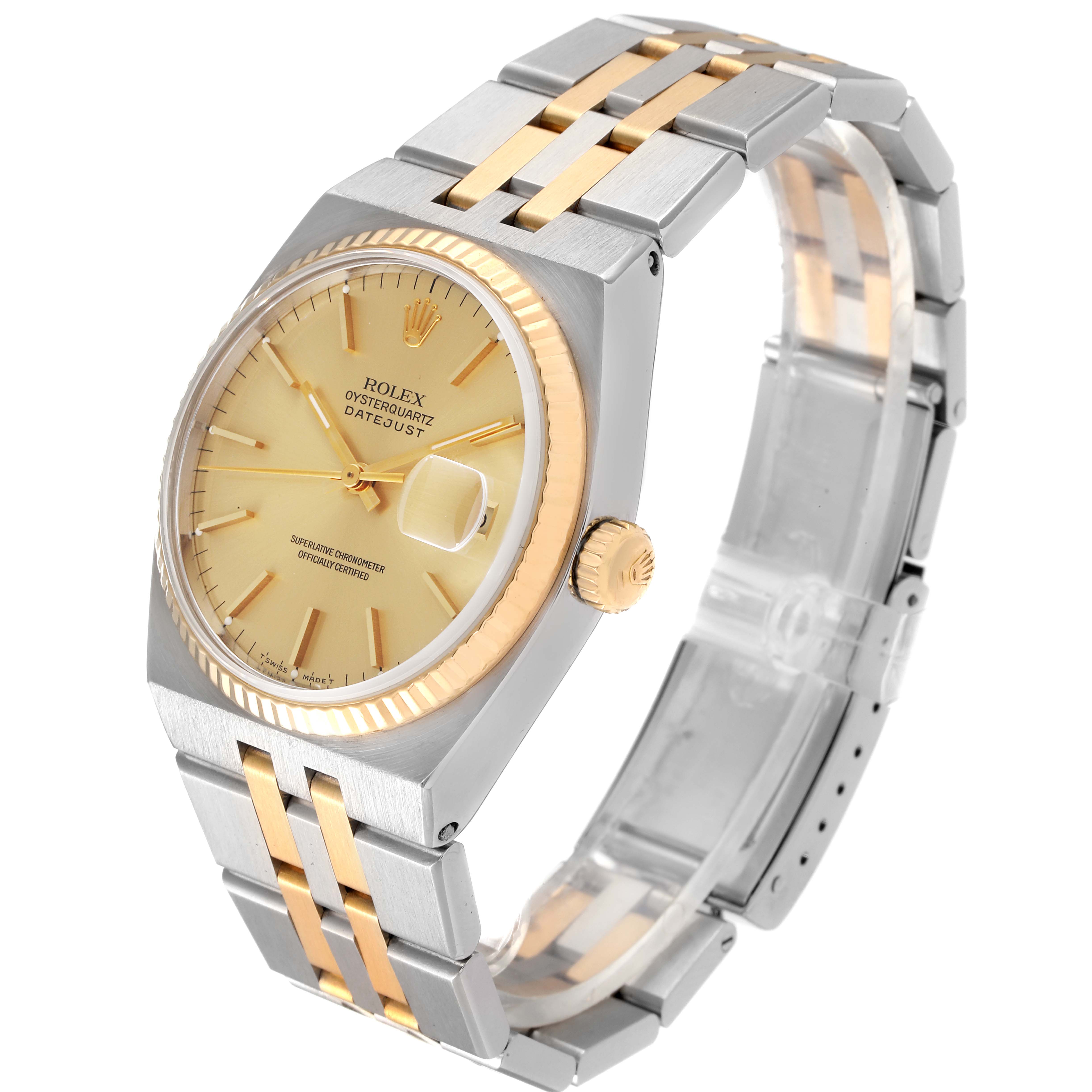 The Rolex Oysterquartz 17013 Men's Steel and Gold (two tone) Champagne Dial 17013 Men's Steel and Gold (two tone) Champagne Dial watch is angled to show its face, bezel, crown, and two-tone metal band.