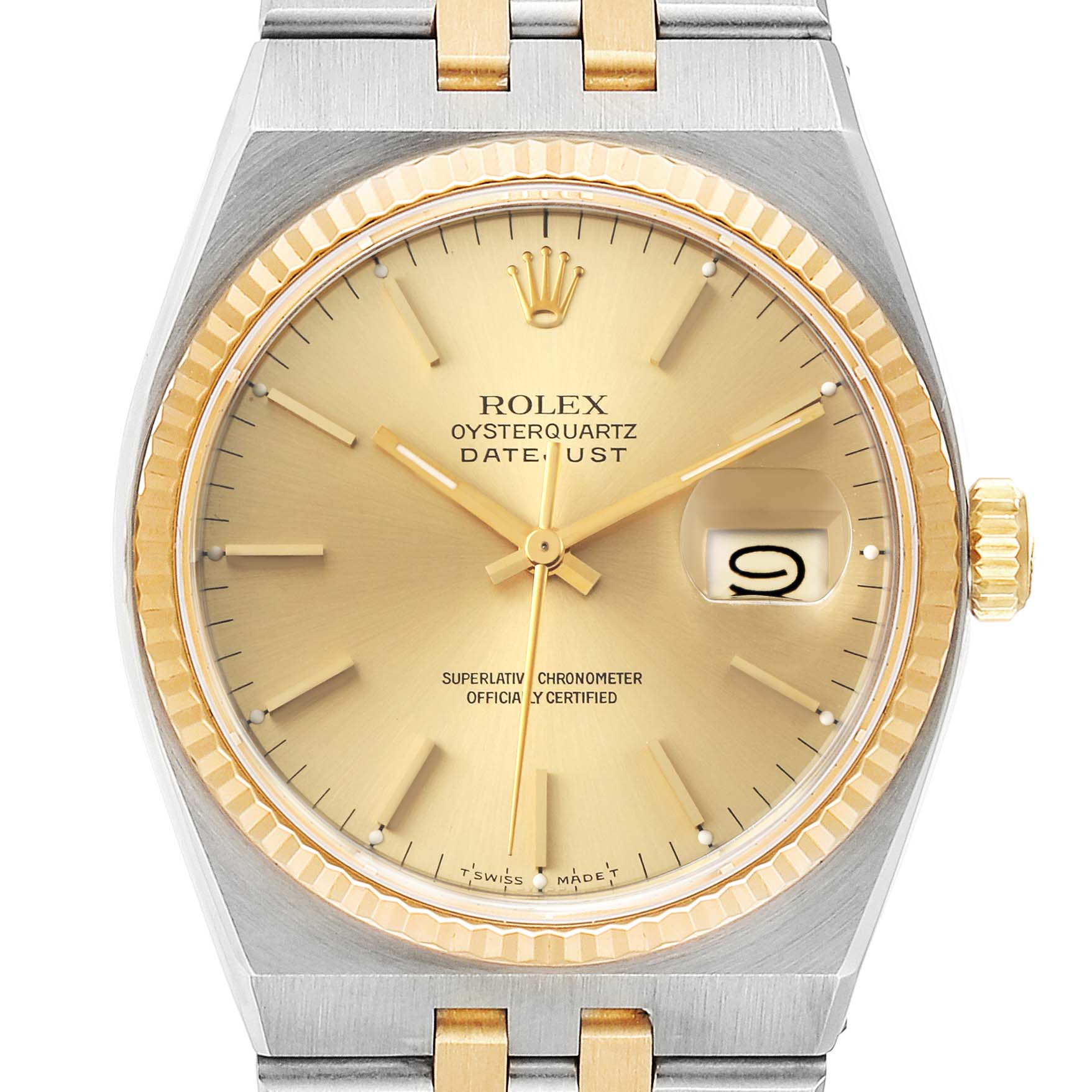 This image shows a close-up front view of a Rolex Oysterquartz 17013 Men's Steel and Gold (two tone) Champagne Dial 17013 Men's Steel and Gold (two tone) Champagne Dial watch, highlighting the dial, bezel, and part of the bracelet.