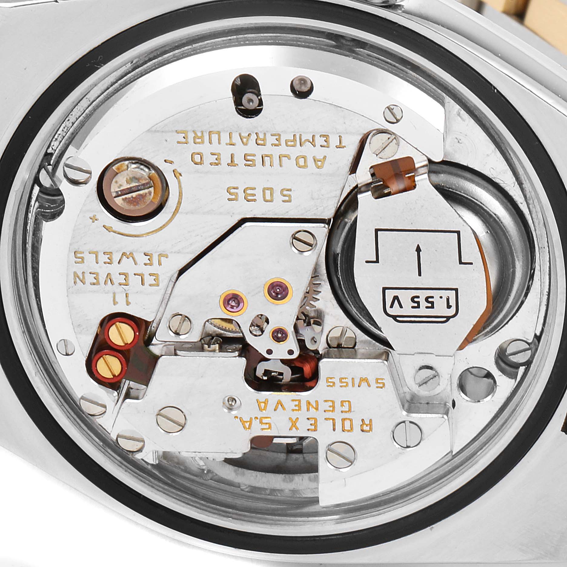 The image shows the inner mechanism of a Rolex Oysterquartz 17013 Men's Steel and Gold (two tone) Champagne Dial 17013 Men's Steel and Gold (two tone) Champagne Dial watch, viewed from the back.