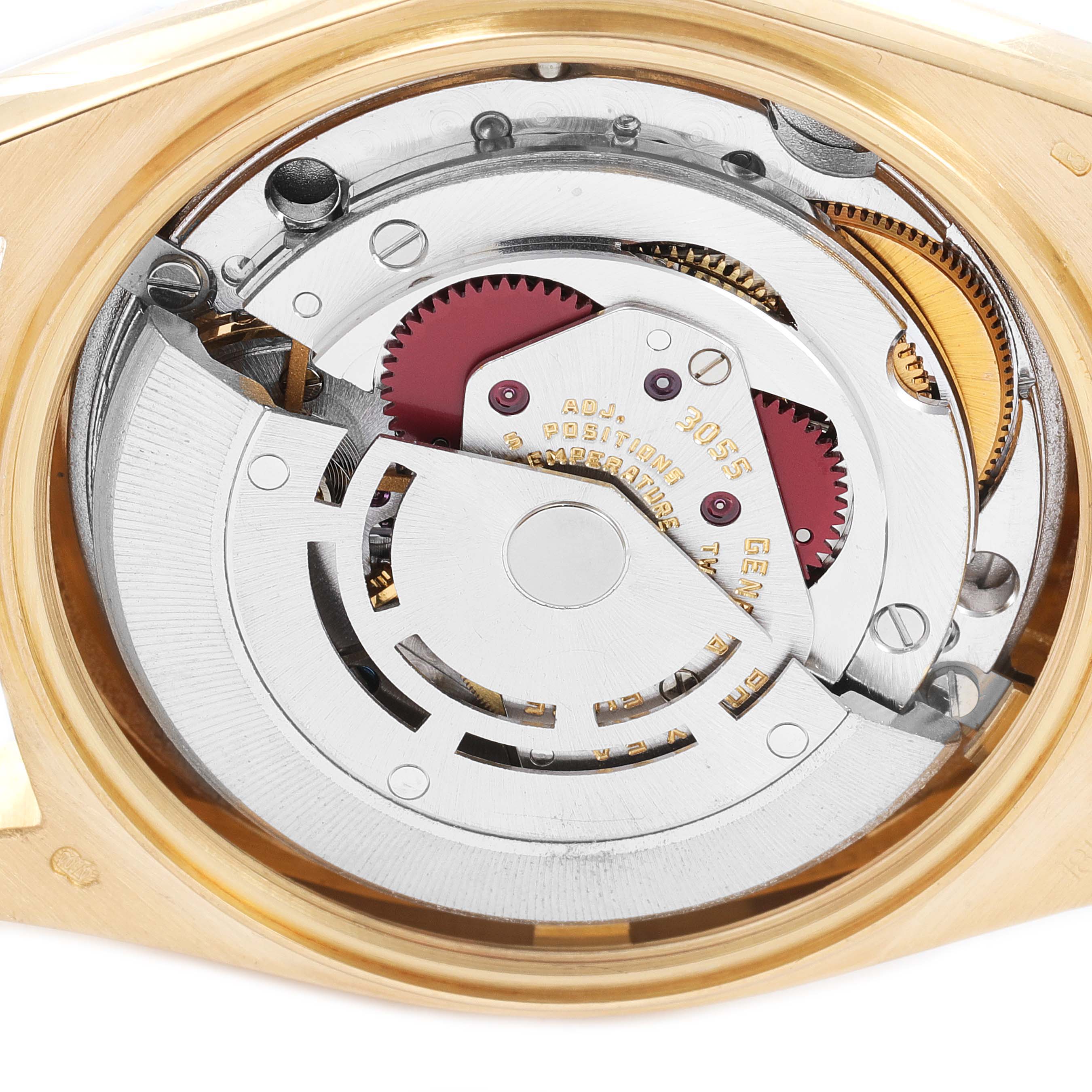 This image shows a close-up of the internal mechanism of a Rolex President 18038 Men
s Yellow Gold Champagne Dial 18038 Men
s Yellow Gold Champagne Dial model watch.