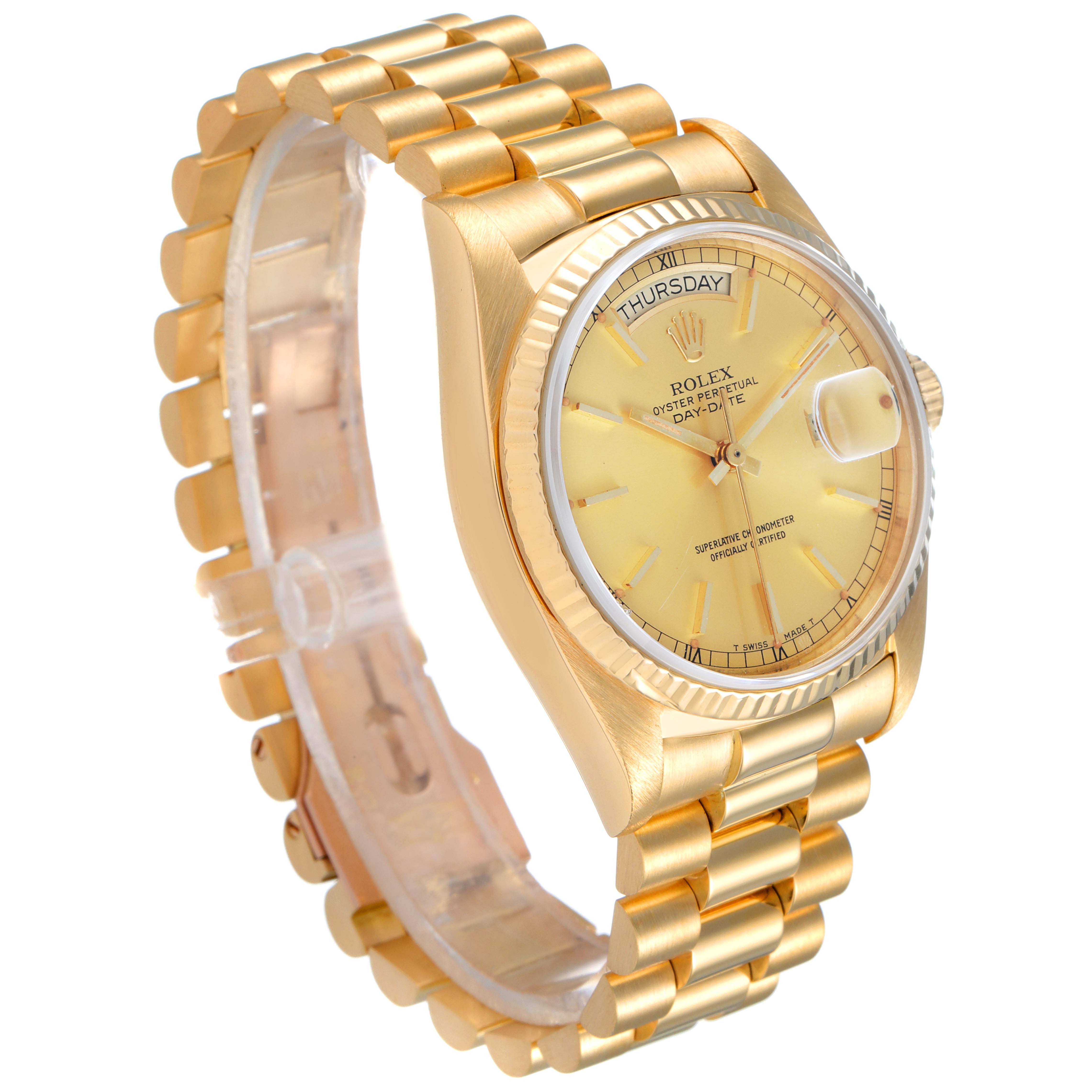 The image shows a Rolex President 18038 Men
s Yellow Gold Champagne Dial 18038 Men
s Yellow Gold Champagne Dial model watch angled to display the watch face and the gold bracelet.
