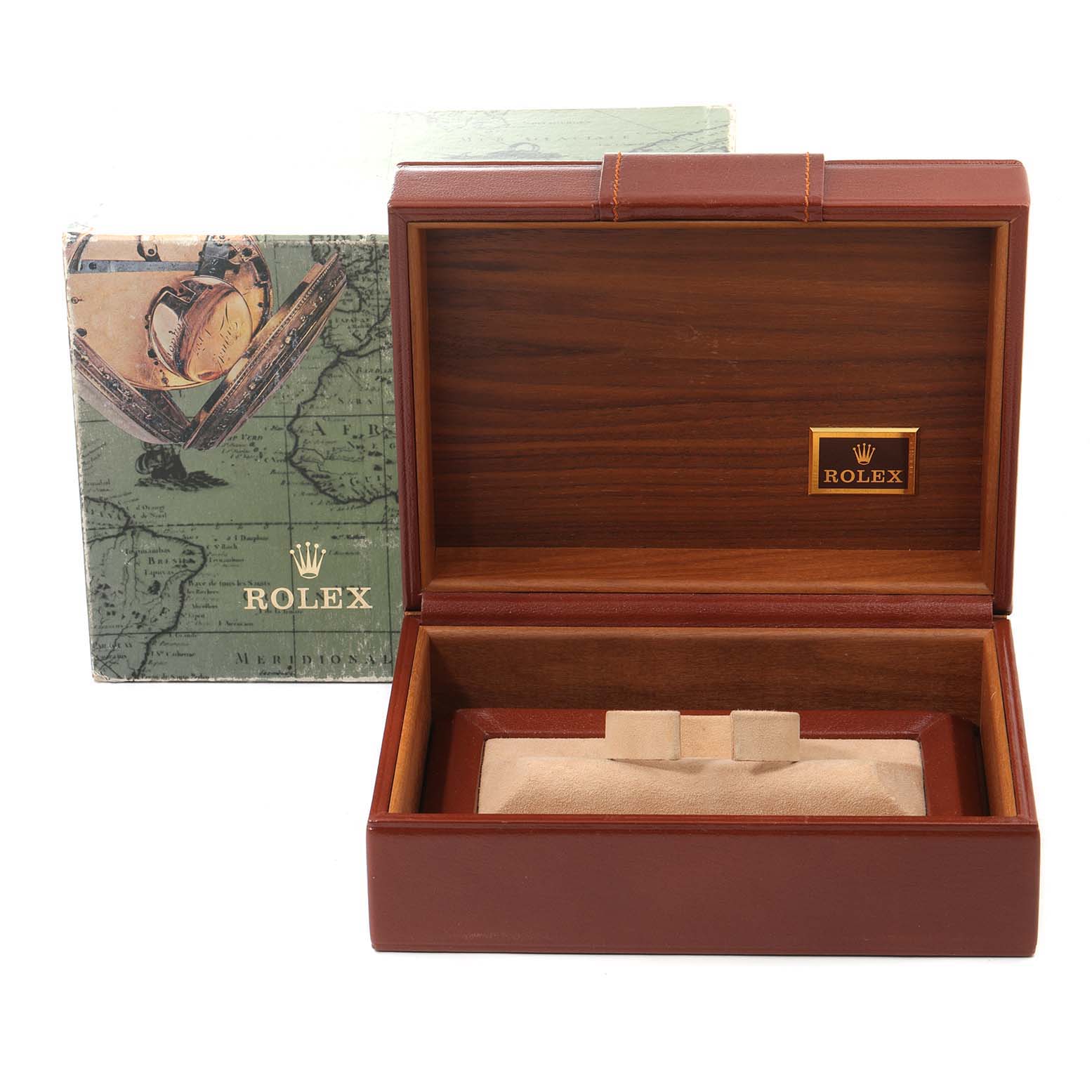 This image shows the packaging and display box for a Rolex President 18038 Men
s Yellow Gold Champagne Dial 18038 Men
s Yellow Gold Champagne Dial model watch, viewed from an angle that reveals the open box.