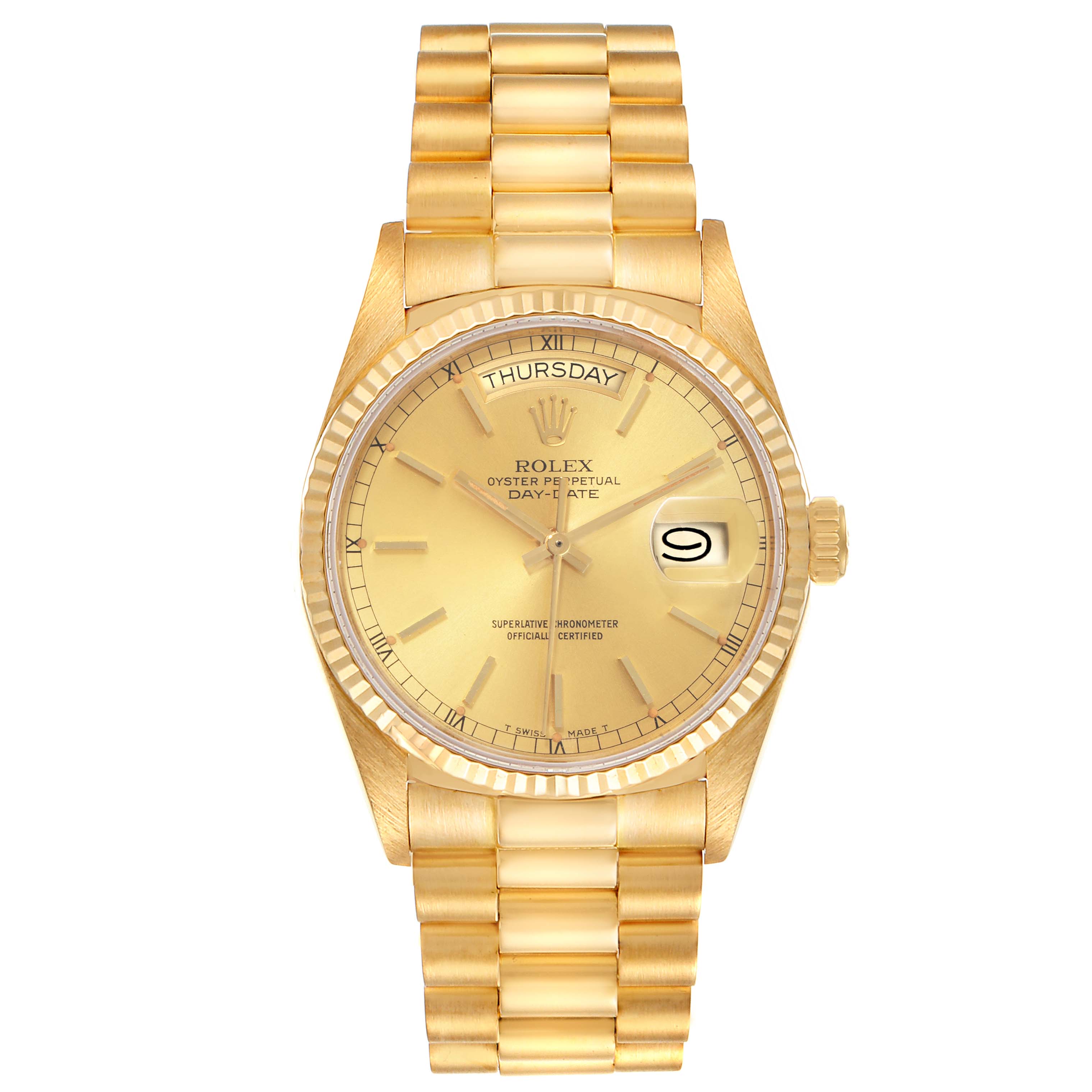 This image shows the front view of a gold Rolex President 18038 Men
s Yellow Gold Champagne Dial 18038 Men
s Yellow Gold Champagne Dial model watch, highlighting the dial, bracelet, and day-date display.