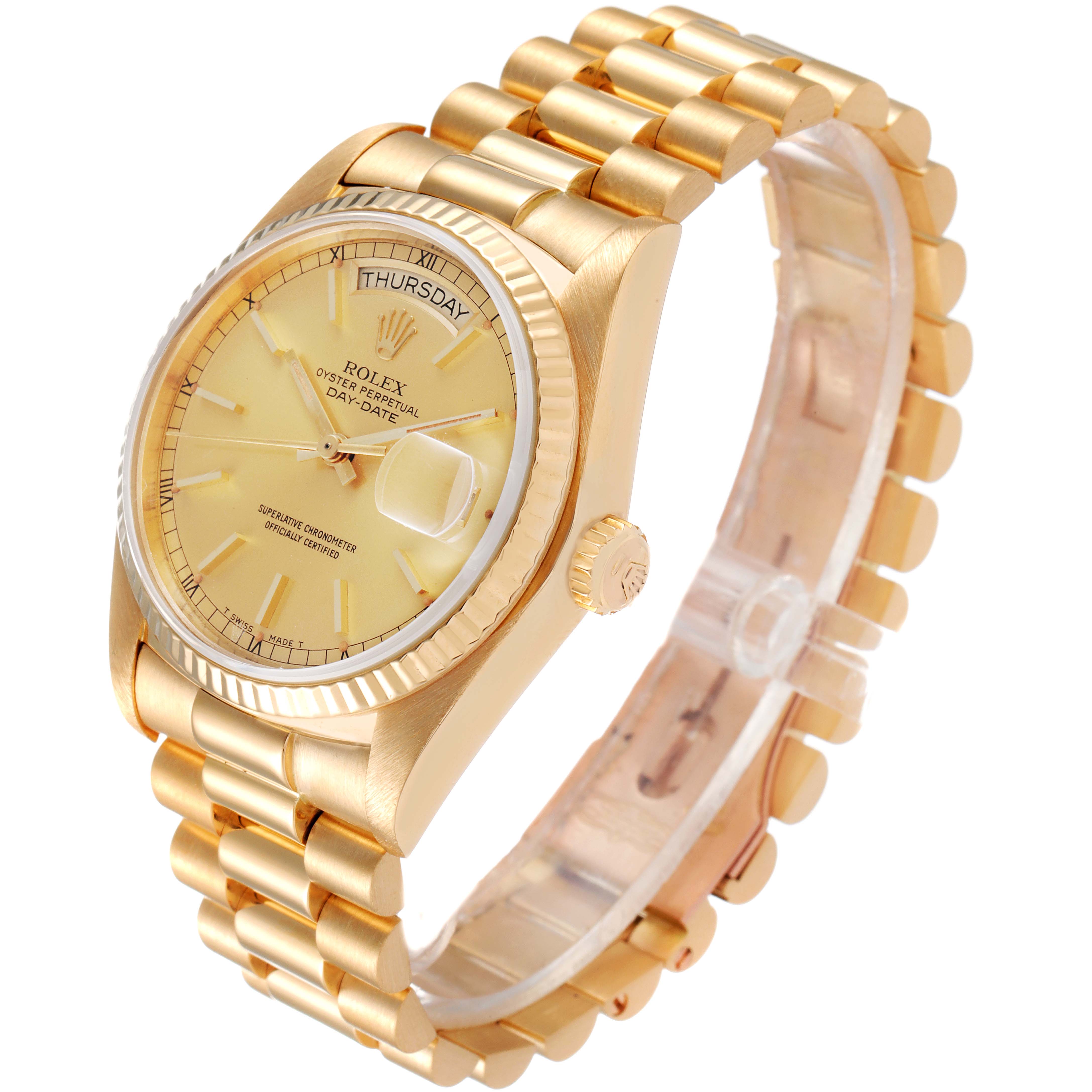 The image shows a Rolex President 18038 Men
s Yellow Gold Champagne Dial 18038 Men
s Yellow Gold Champagne Dial model watch at a three-quarter angle, highlighting the dial, bezel, crown, and bracelet.