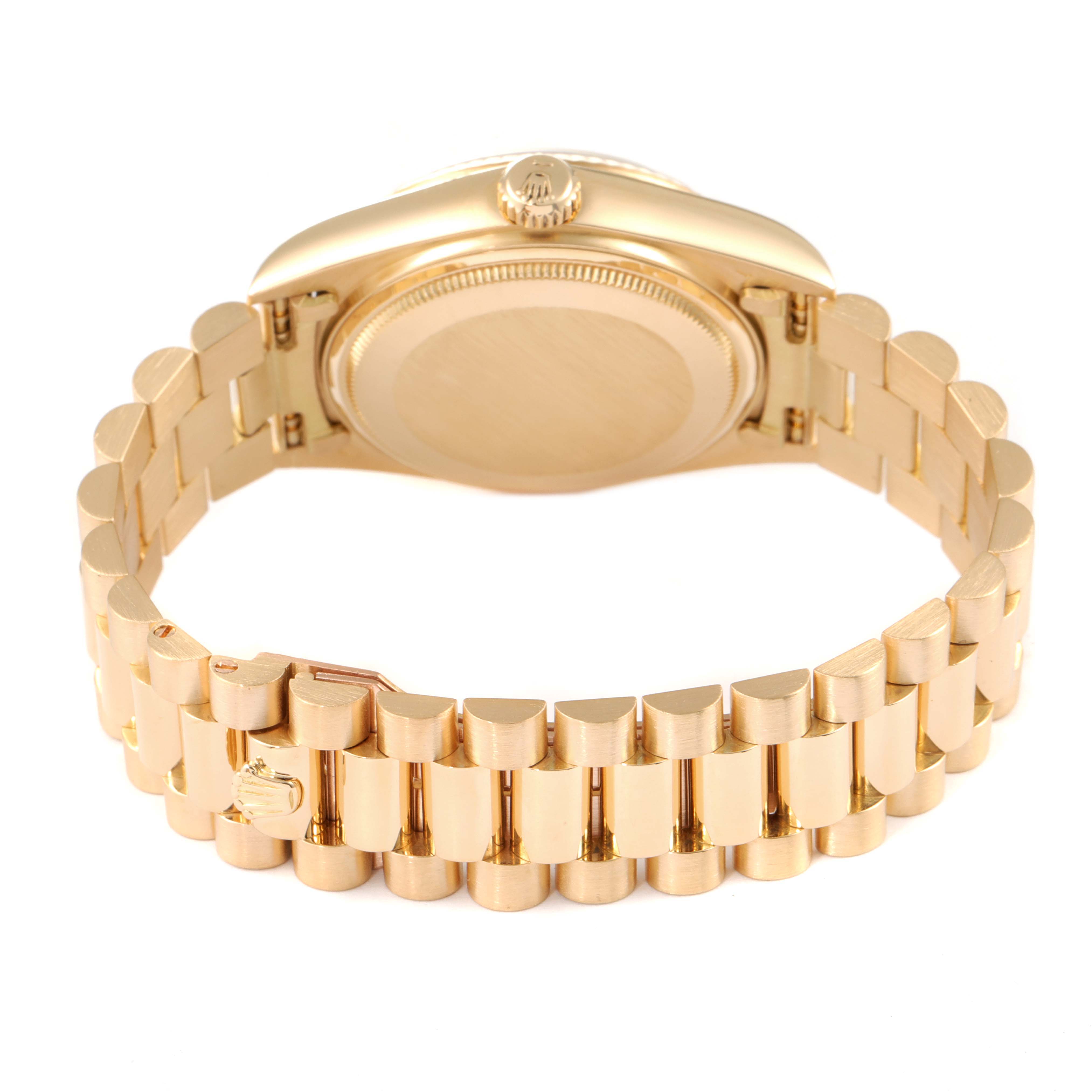 The image shows the back and side of a Rolex President 18038 Men
s Yellow Gold Champagne Dial 18038 Men
s Yellow Gold Champagne Dial model watch, highlighting the case back and bracelet.