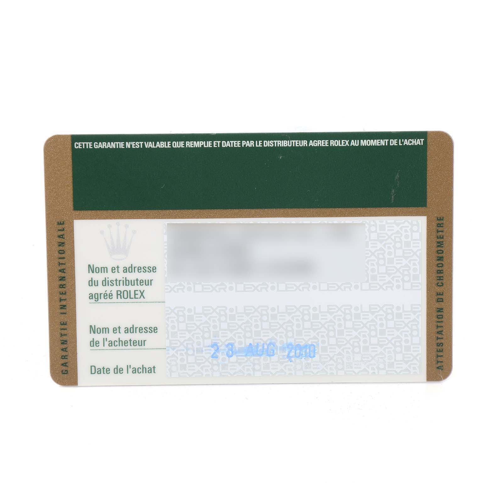 The image shows the international warranty card for the Rolex President 218206 Men's Platinum Blue Dial 218206 Men's Platinum Blue Dial model.