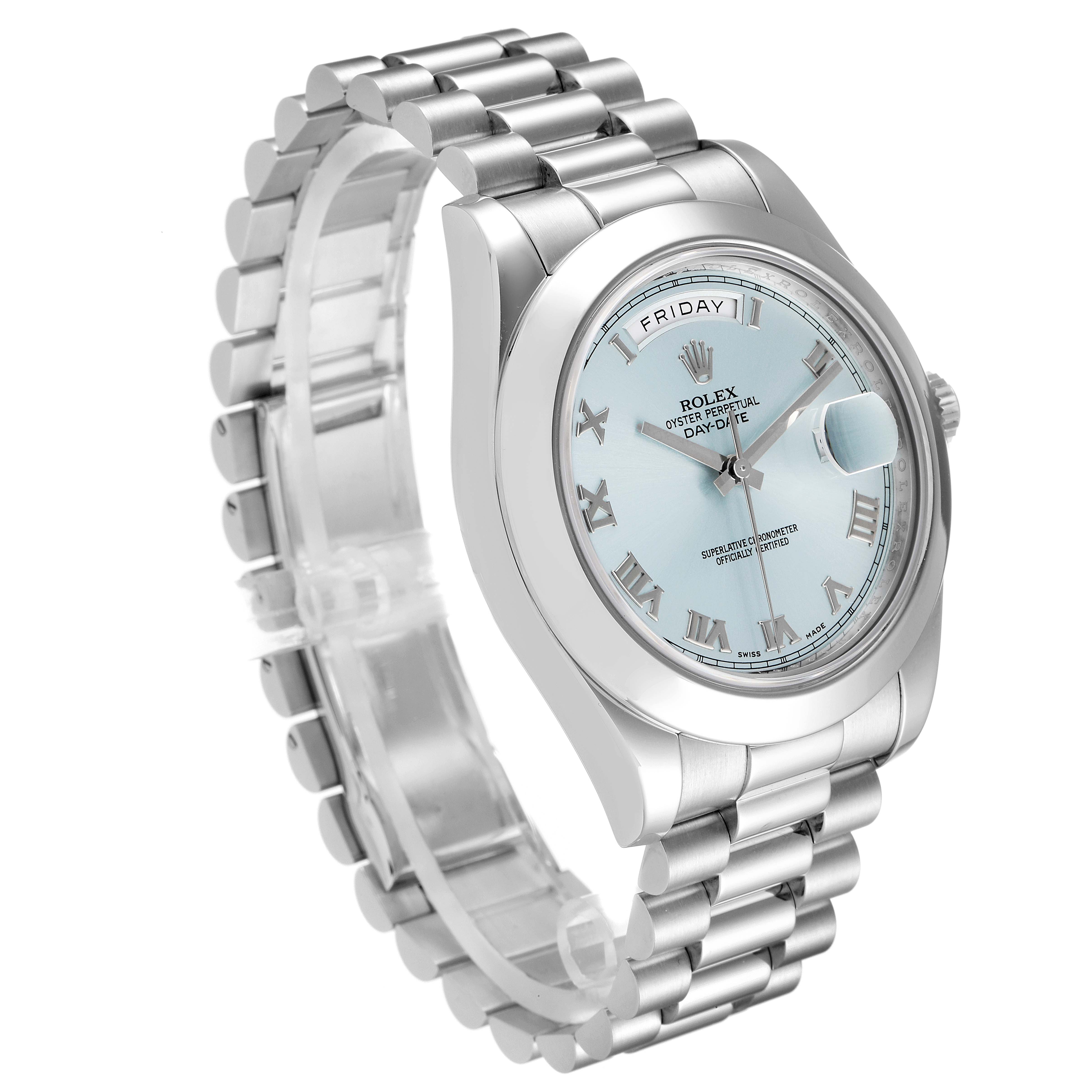 The image shows a side angle of the Rolex President 218206 Men's Platinum Blue Dial 218206 Men's Platinum Blue Dial model watch, highlighting its bracelet, case, and dial.