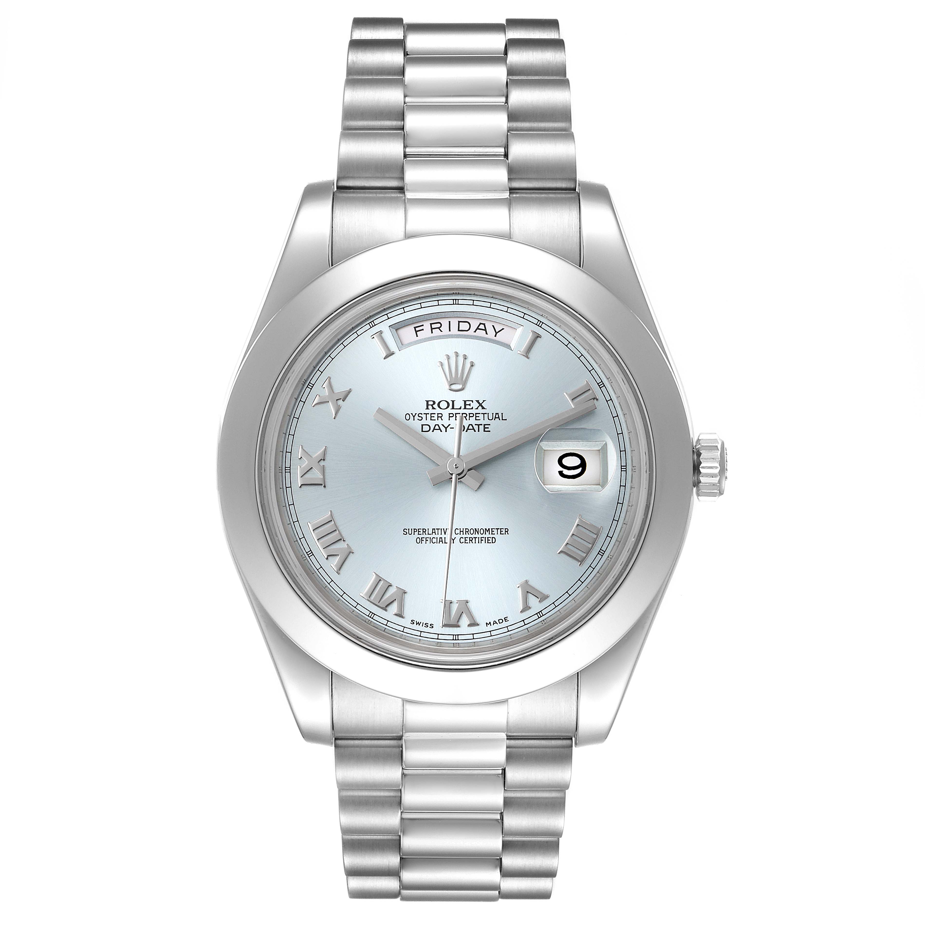 The image shows a frontal view of a Rolex President 218206 Men's Platinum Blue Dial 218206 Men's Platinum Blue Dial model watch, displaying the face, bezel, and bracelet.