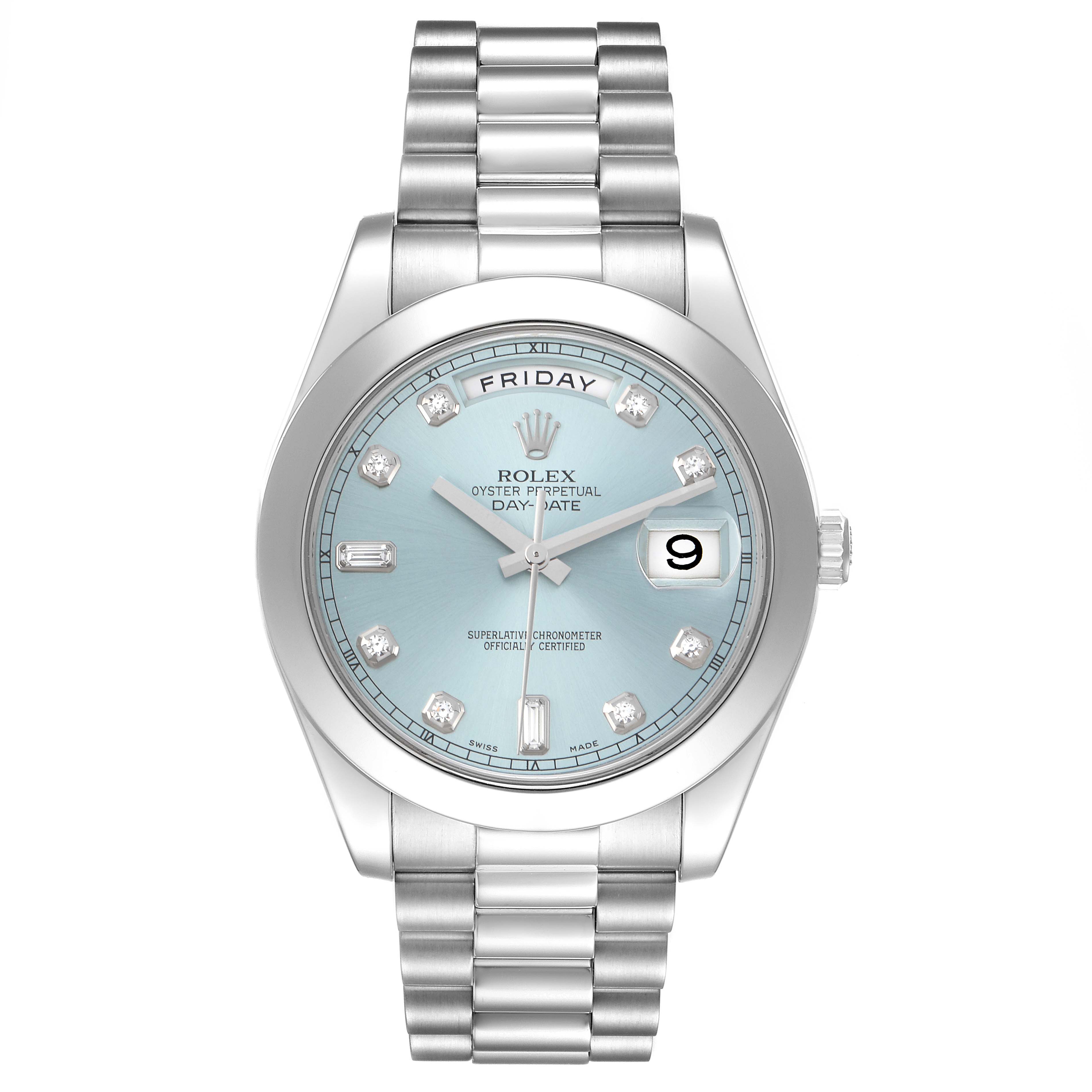 The Rolex President 218206 Men's Platinum Blue Dial 218206 Men's Platinum Blue Dial model is shown from a front angle, highlighting the dial, bezel, bracelet, and crown.
