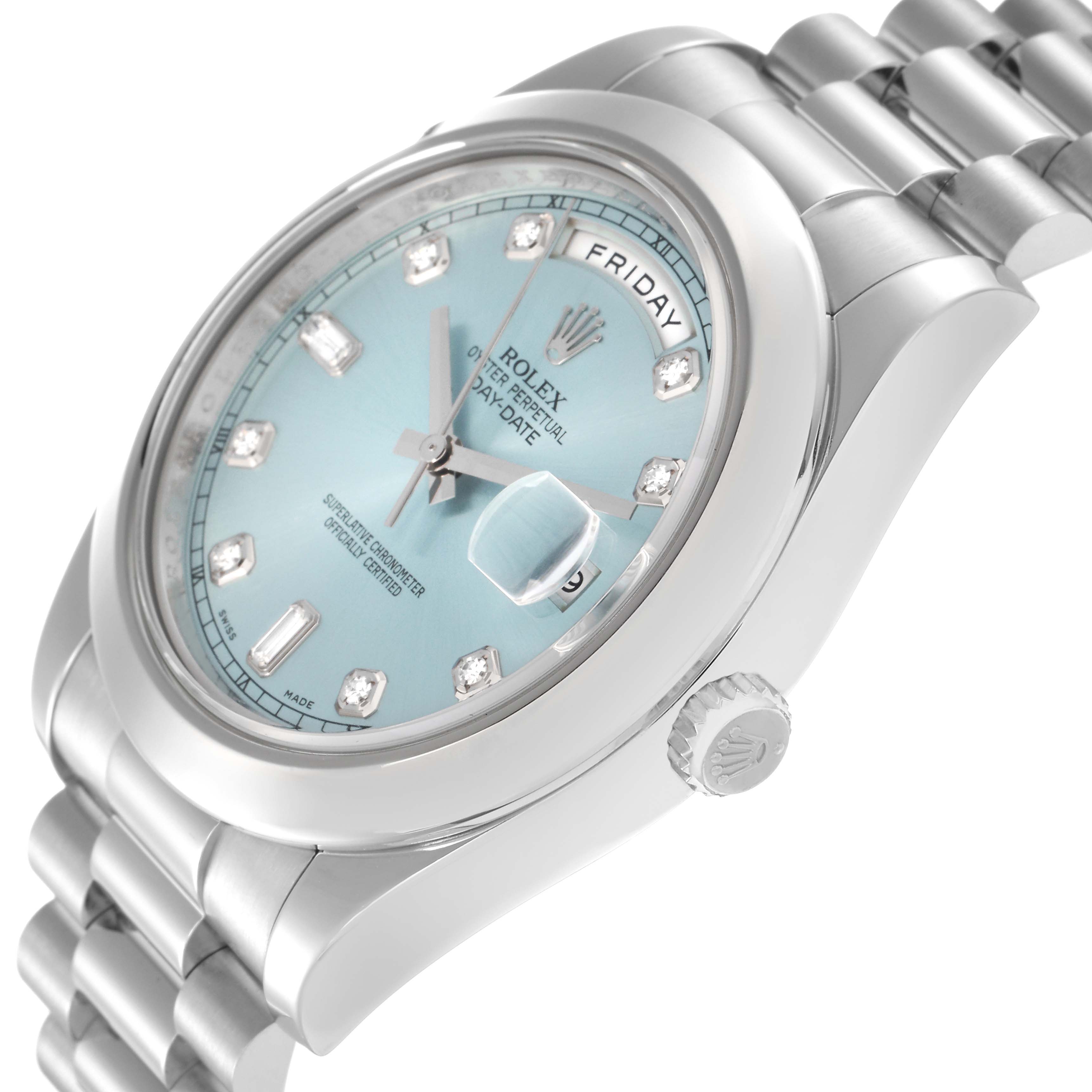 The Rolex President 218206 Men's Platinum Blue Dial 218206 Men's Platinum Blue Dial model watch is shown at a slight angle, highlighting the face, bezel, crown, and part of the bracelet.