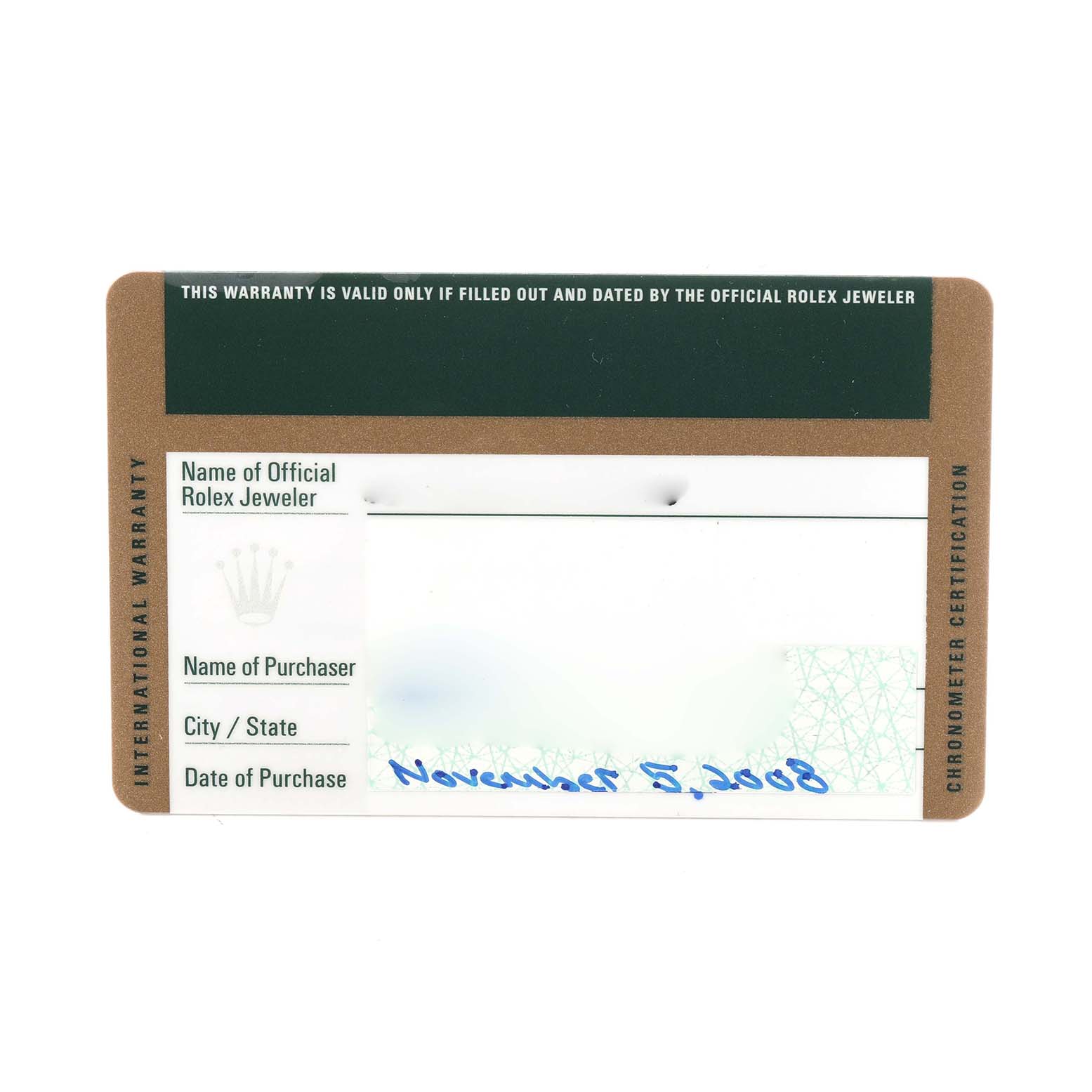 This image shows the warranty card for a Rolex President 218206 Men's Platinum Blue Dial 218206 Men's Platinum Blue Dial model watch, displaying details like date of purchase.