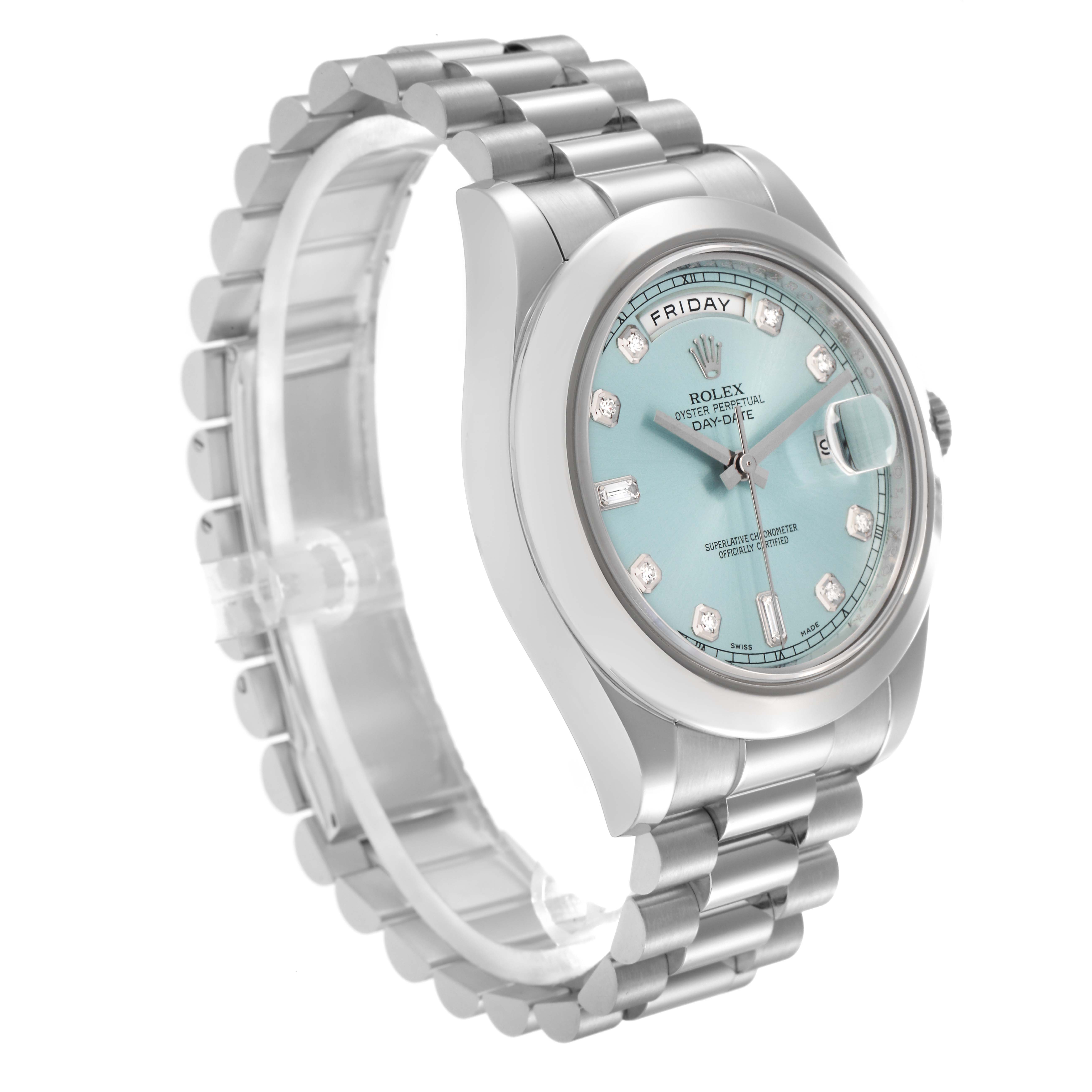 The Rolex President 218206 Men's Platinum Blue Dial 218206 Men's Platinum Blue Dial model watch is shown at a three-quarter angle, highlighting the dial, bracelet, and side of the case.