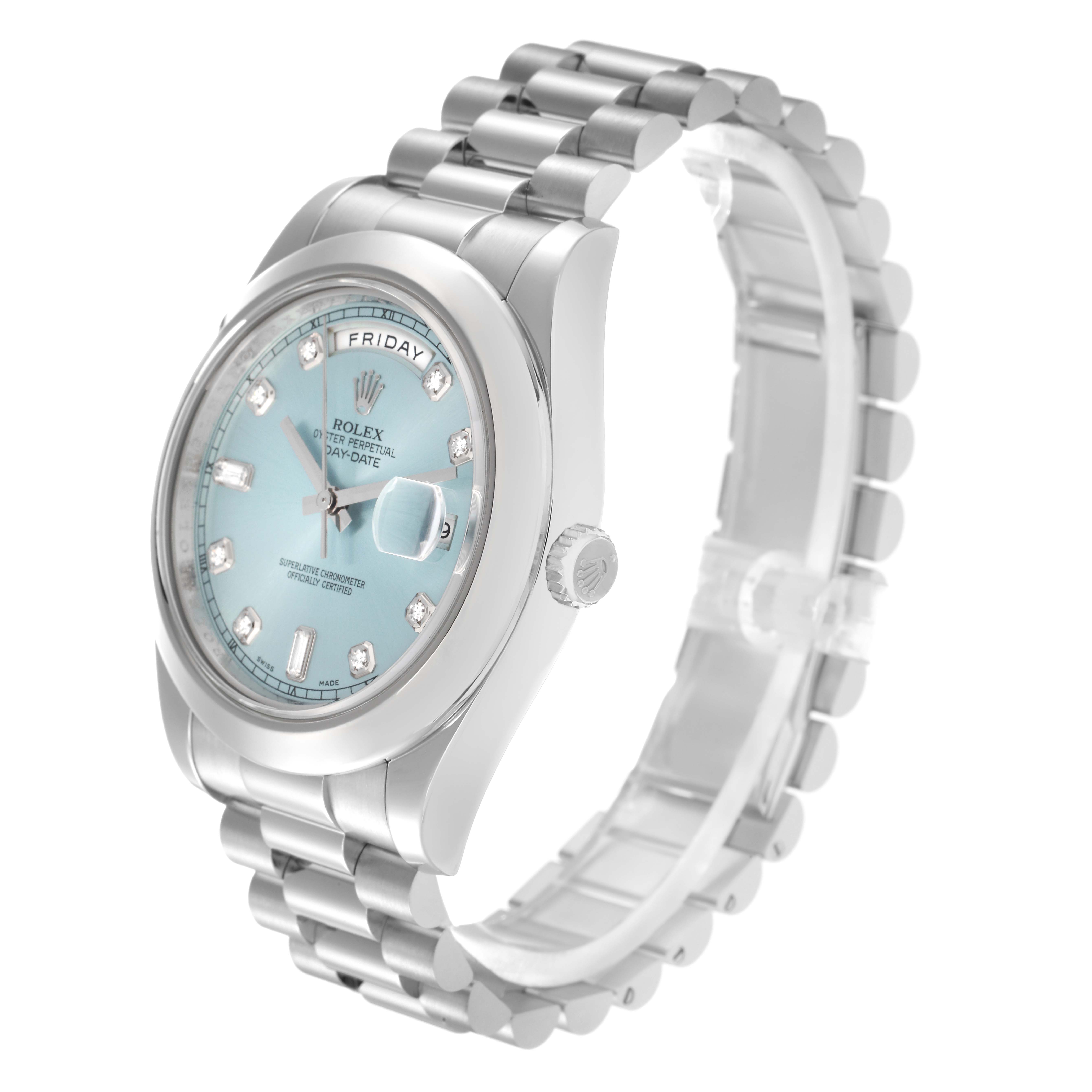 The Rolex President 218206 Men's Platinum Blue Dial 218206 Men's Platinum Blue Dial model is shown at a three-quarter angle, highlighting the face, bracelet, and crown.