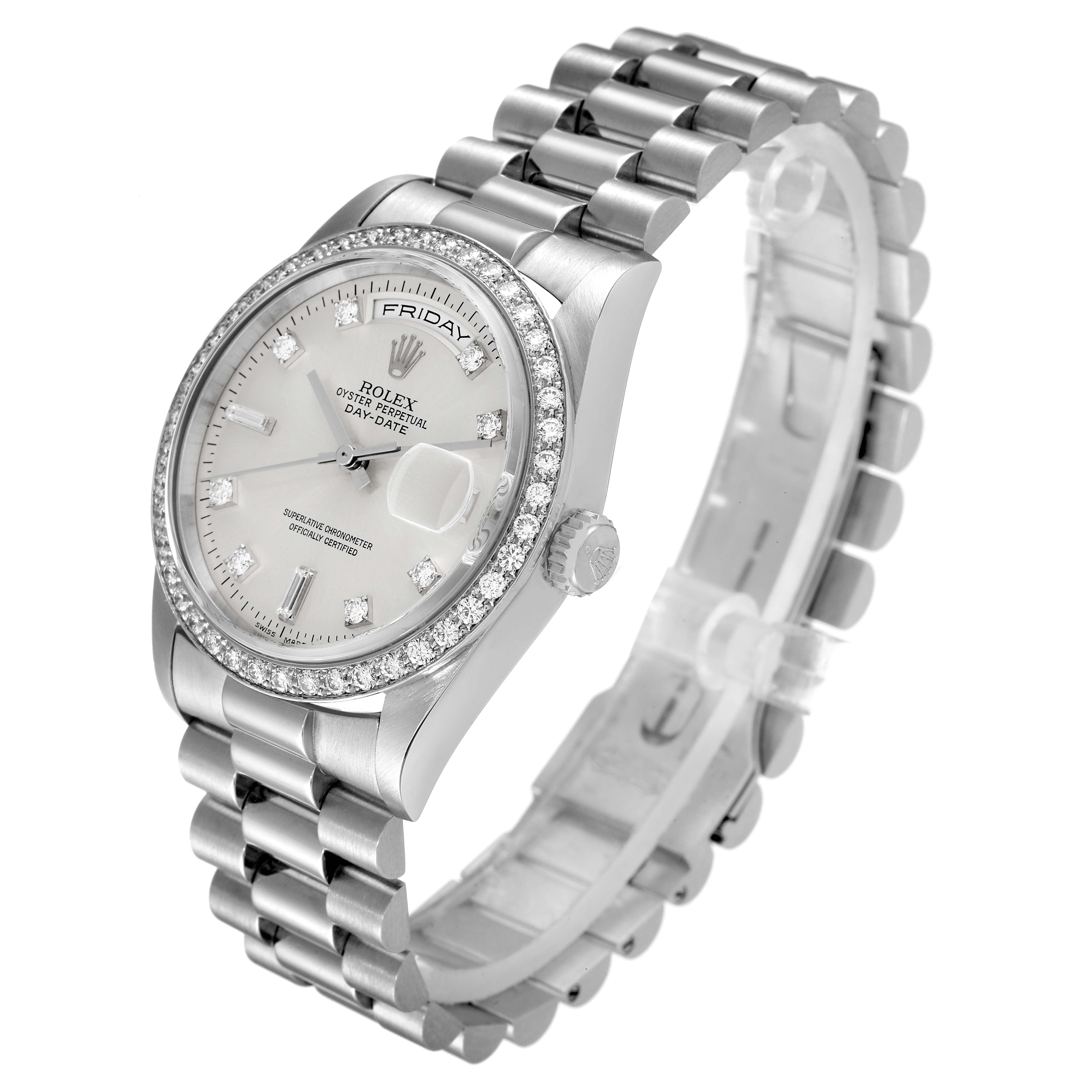 The image shows a Rolex President 18346 Men's Platinum Silver Dial 18346 Men's Platinum Silver Dial model watch angled to display the face, bezel, crown, and bracelet.