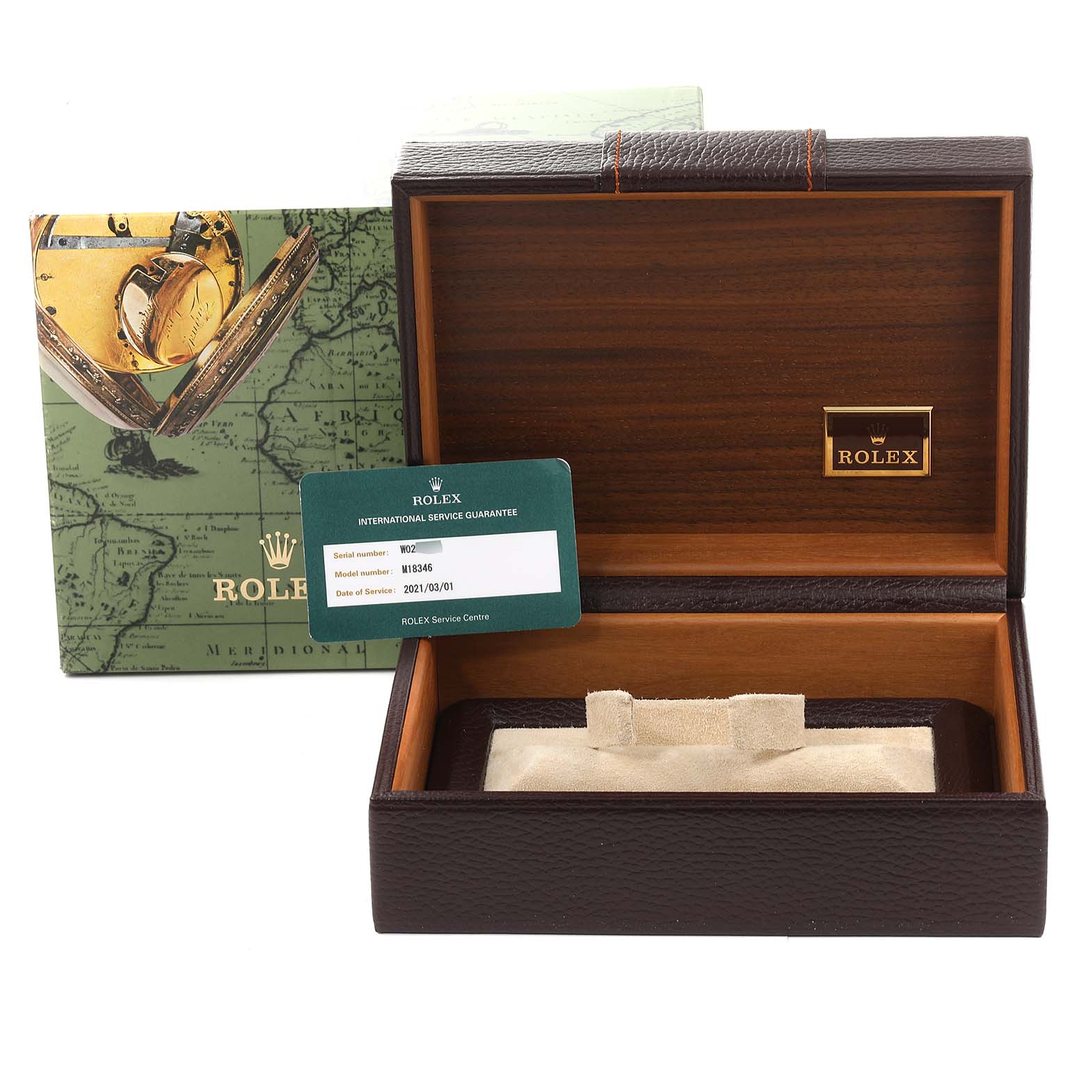 The image shows a Rolex President 18346 Men's Platinum Silver Dial 18346 Men's Platinum Silver Dial model watch box, an international service guarantee card, and packaging.