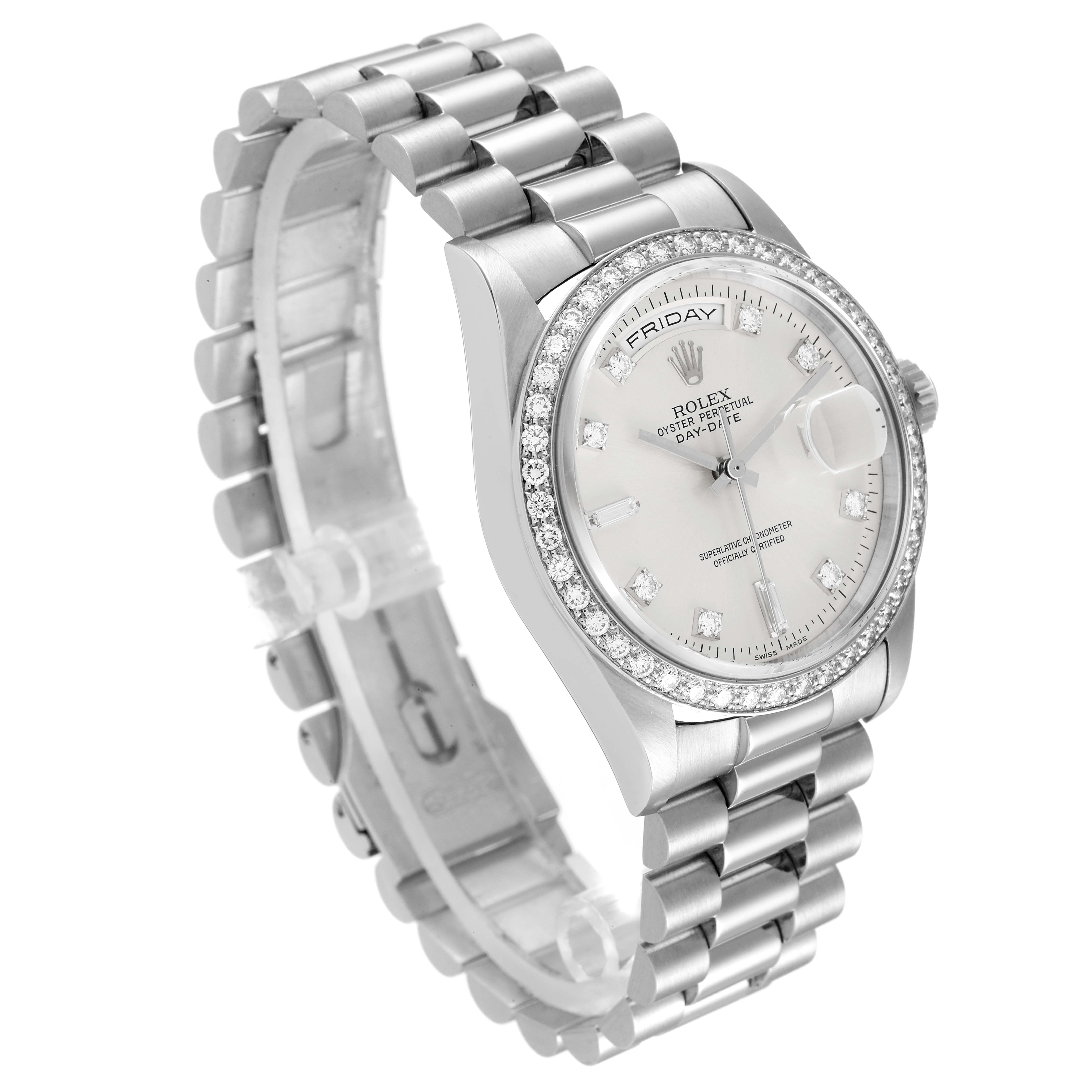 The Rolex President 18346 Men's Platinum Silver Dial 18346 Men's Platinum Silver Dial model watch is shown at a tilted angle, displaying its bracelet, face, and diamond-encrusted bezel.