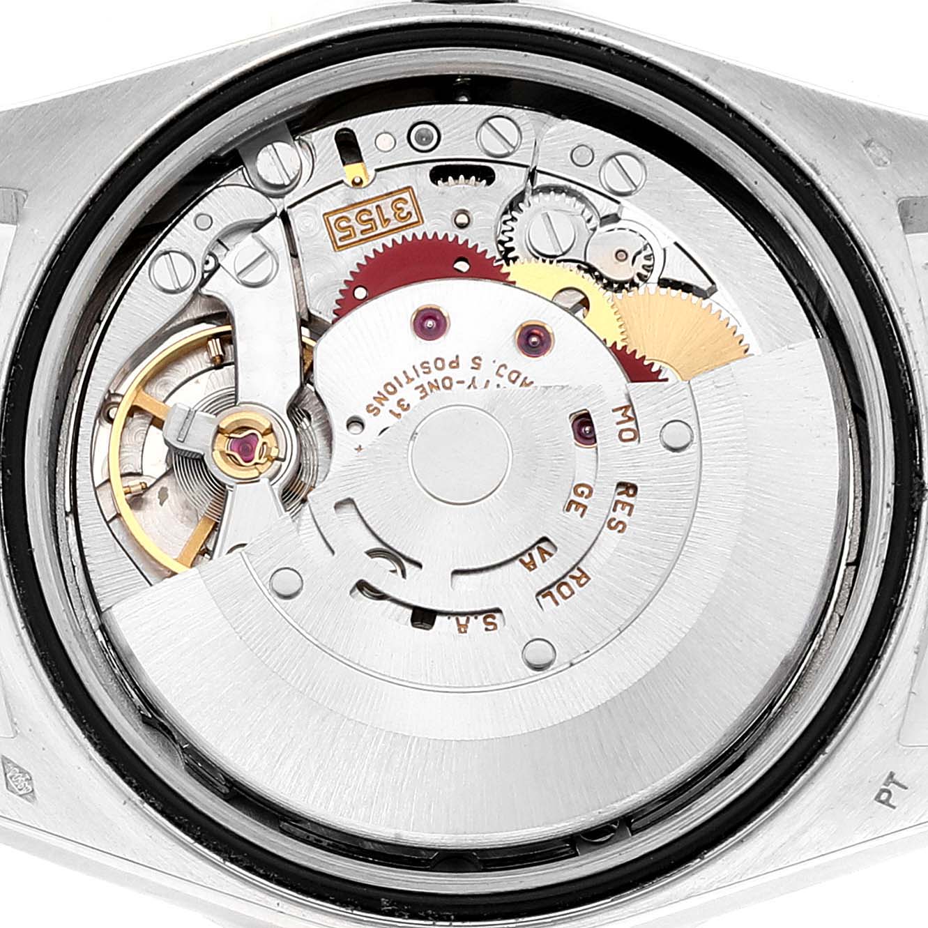 The image shows a close-up of the internal movement mechanism of a Rolex President 18346 Men's Platinum Silver Dial 18346 Men's Platinum Silver Dial model watch.