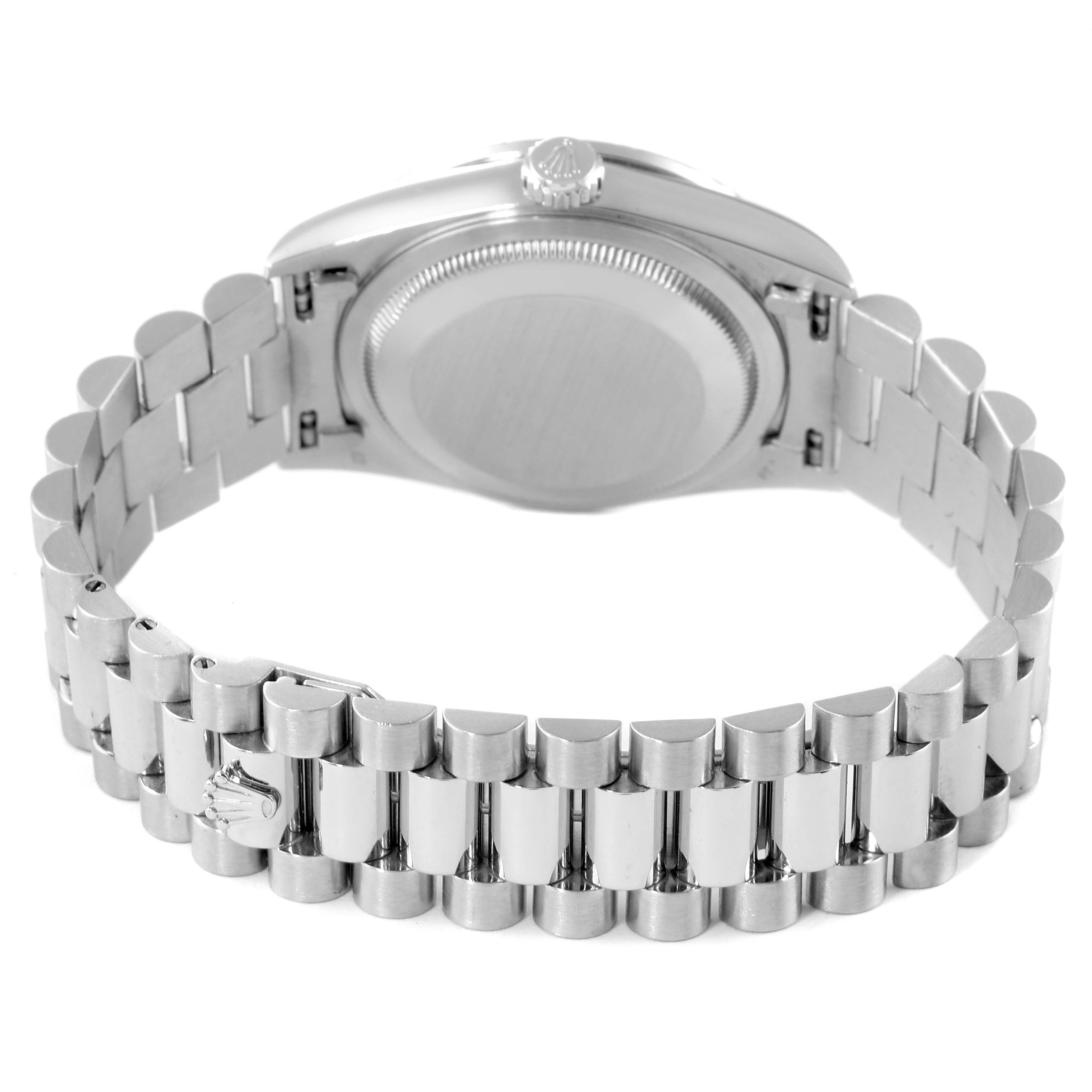This image shows the back view of a Rolex President 18346 Men's Platinum Silver Dial 18346 Men's Platinum Silver Dial model, focusing on the case back and bracelet.