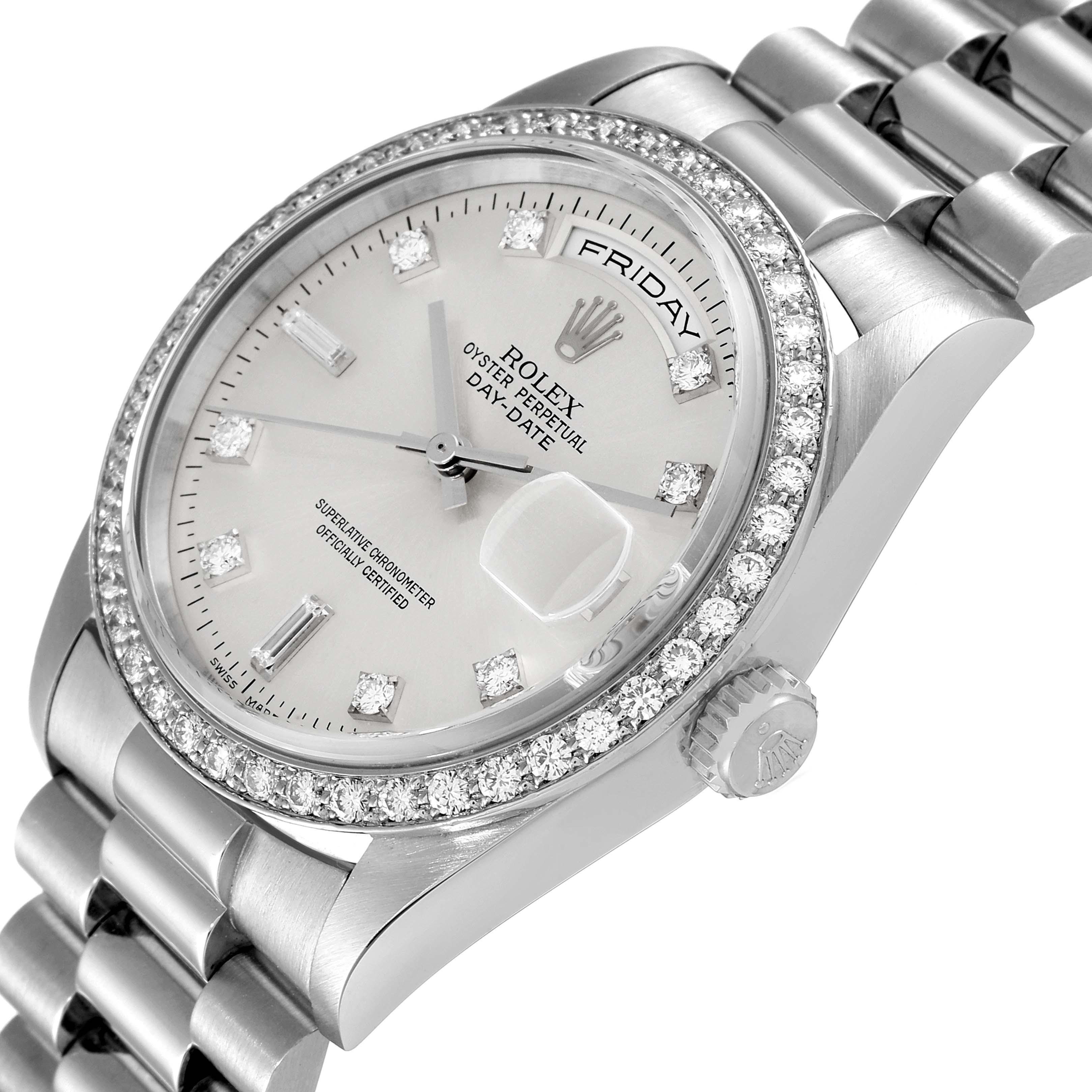 The image shows a close-up angled view of the Rolex President 18346 Men's Platinum Silver Dial 18346 Men's Platinum Silver Dial watch, highlighting its face, bezel with diamonds, and part of the bracelet.